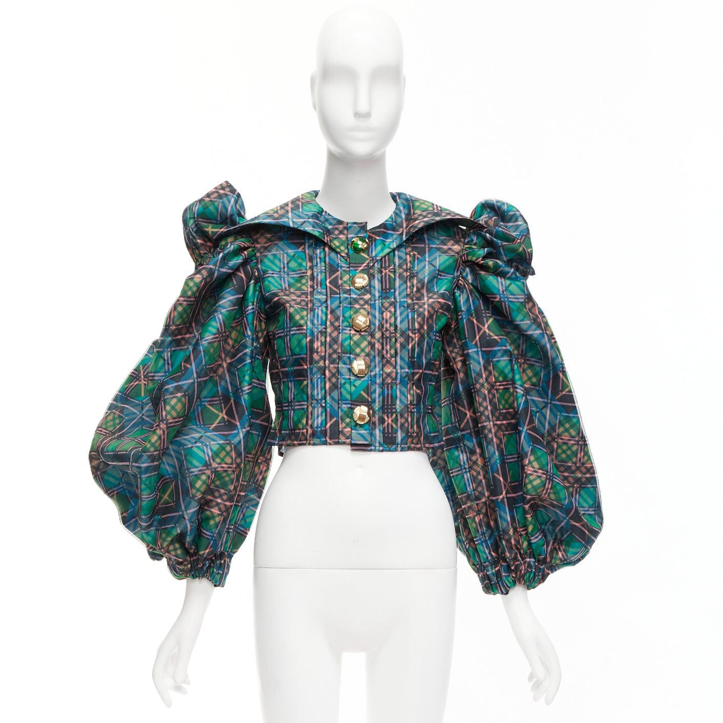 CHOPOVA LOWENA chemise crop à manches bouffantes à boutons, écossais vert texturé or S en vente 5