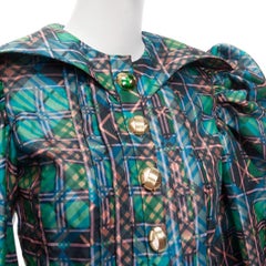 CHOPOVA LOWENA green plaid tartan gold textured button puff sleeve crop shirt S