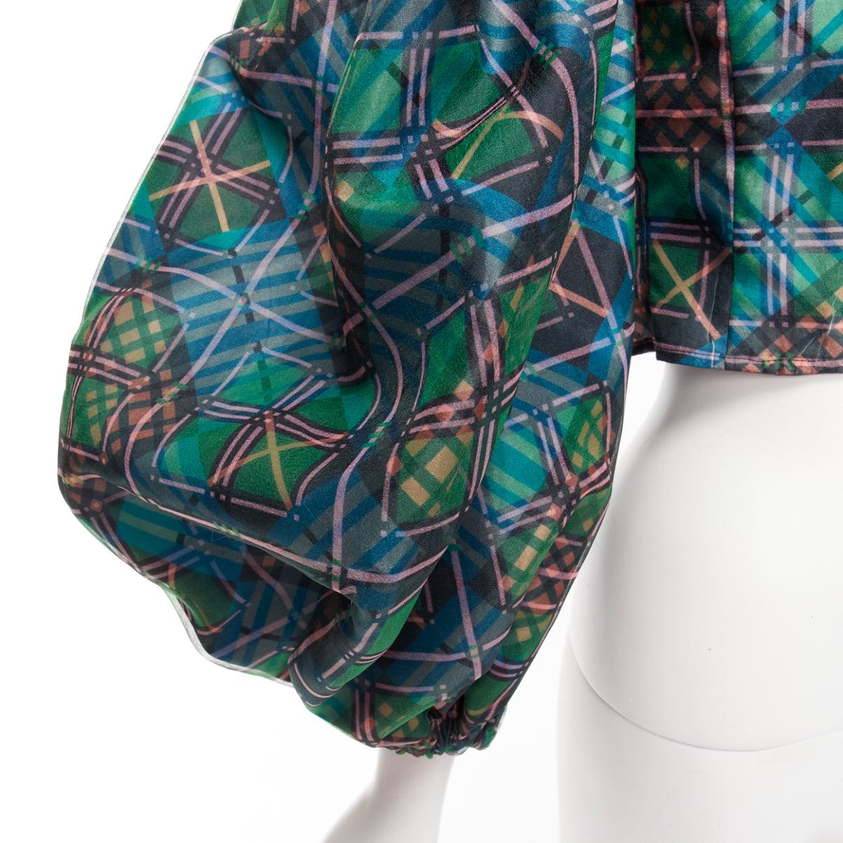 CHOPOVA LOWENA chemise crop à manches bouffantes à boutons, écossais vert texturé or S en vente 3
