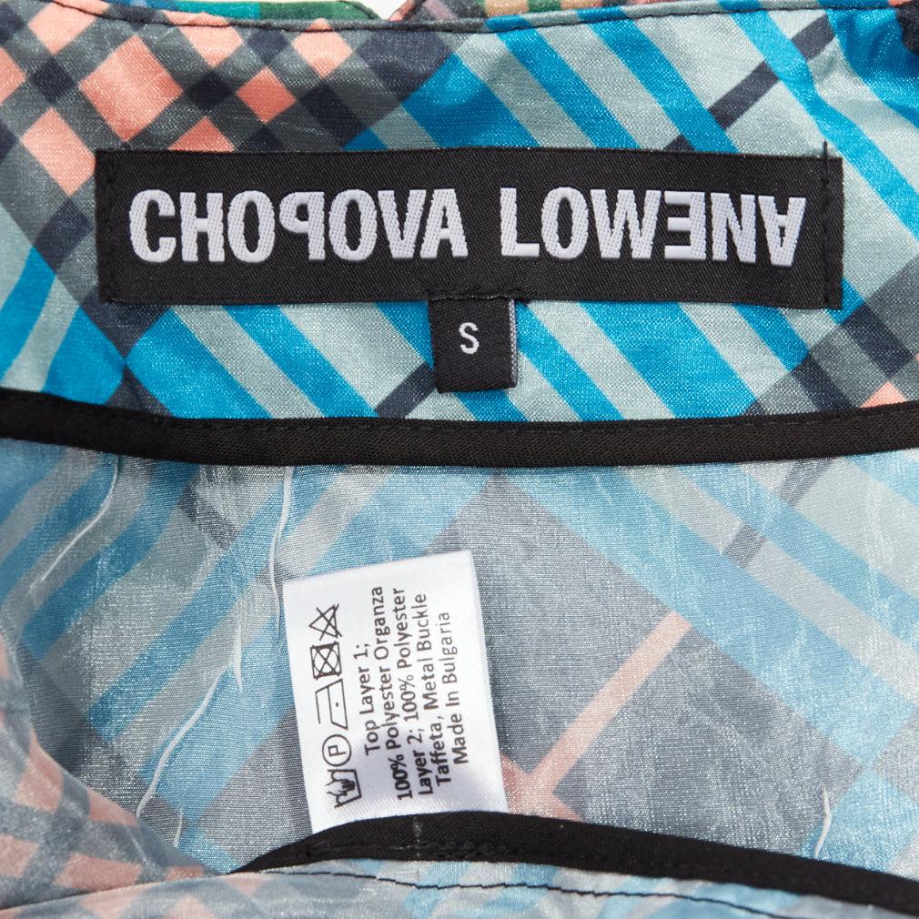 CHOPOVA LOWENA green plaid tartan gold textured button puff sleeve crop shirt S For Sale 5