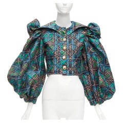 CHOPOVA LOWENA green plaid tartan gold textured button puff sleeve crop shirt S