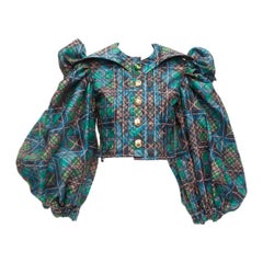 CHOPOVA LOWENA green plaid tartan gold textured button puff sleeve crop shirt S