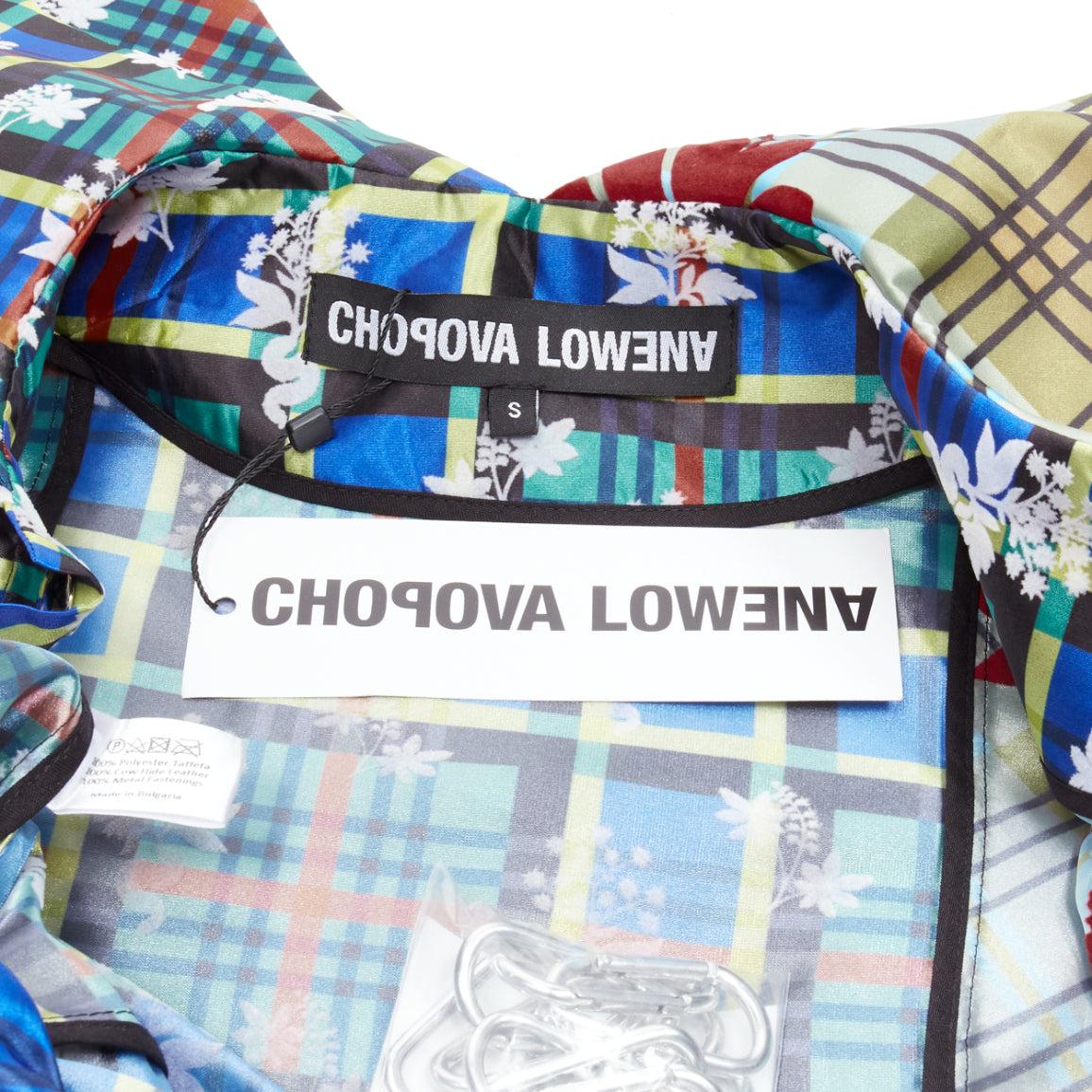 CHOPOVA LOWENA Punk blue plaid floral damask pleated eyelet skirt belted dress S 6