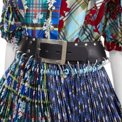 CHOPOVA LOWENA Punk blue plaid floral damask pleated eyelet skirt belted dress S