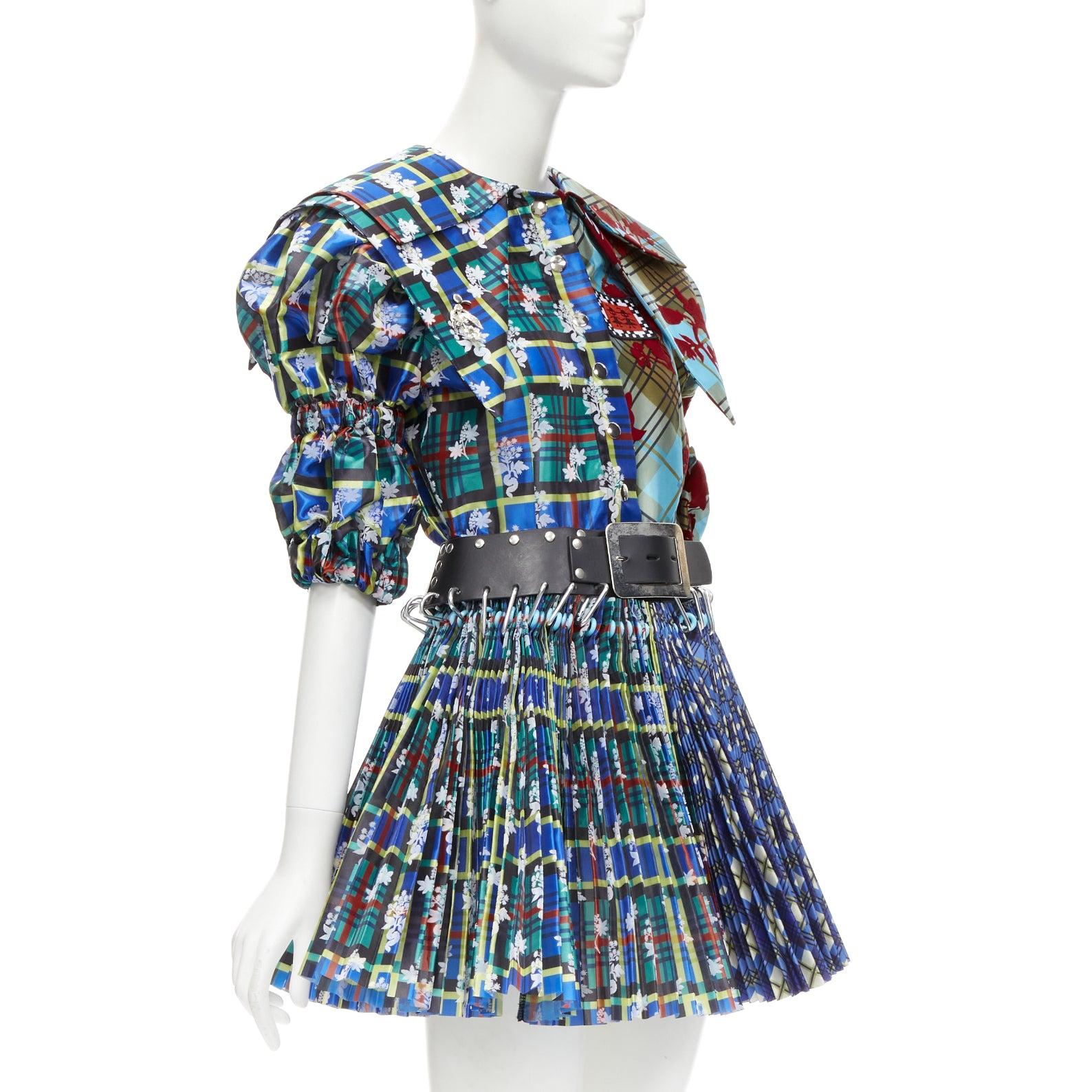 CHOPOVA LOWENA Punk blue plaid floral damask pleated eyelet skirt belted dress S In Excellent Condition In Hong Kong, NT