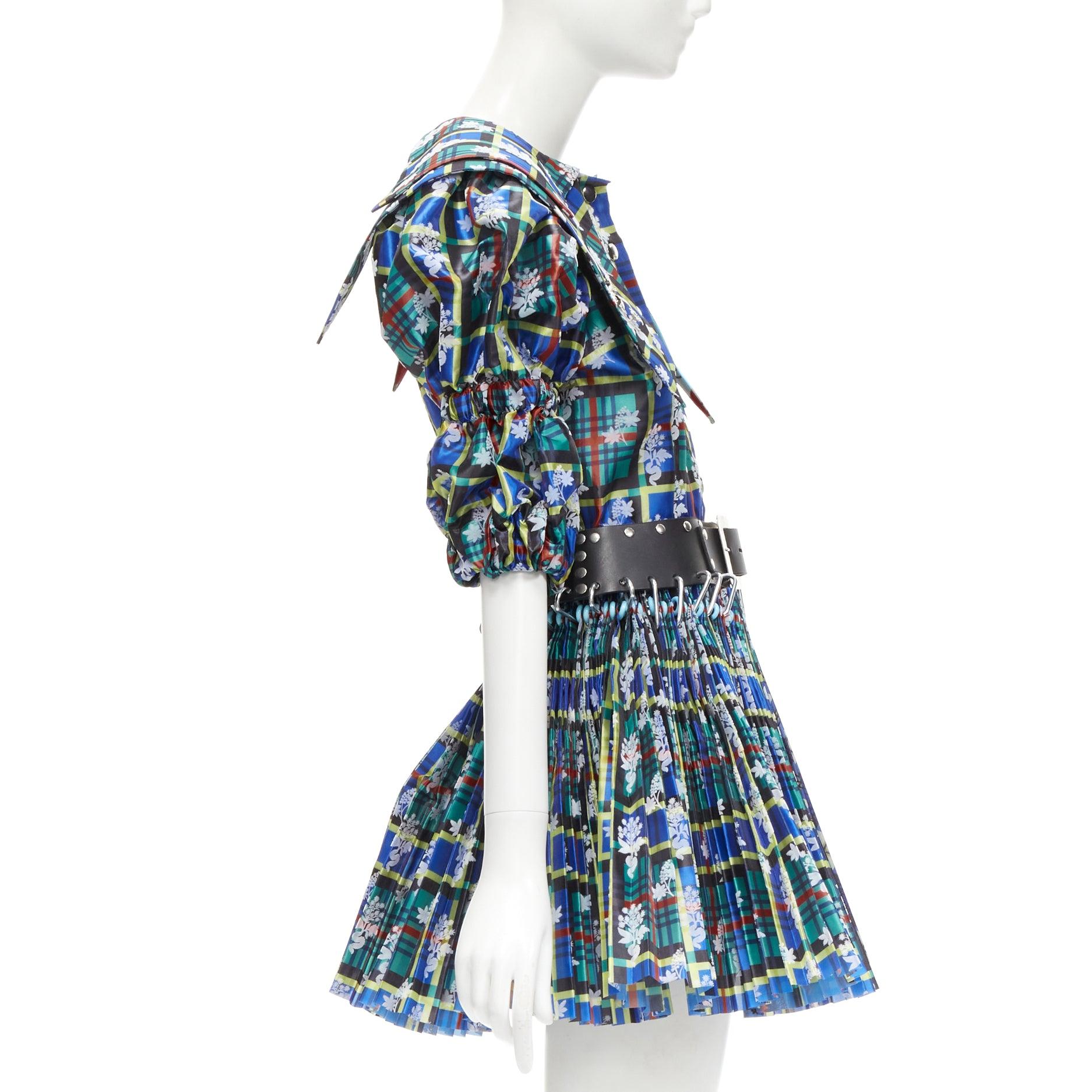 Women's CHOPOVA LOWENA Punk blue plaid floral damask pleated eyelet skirt belted dress S