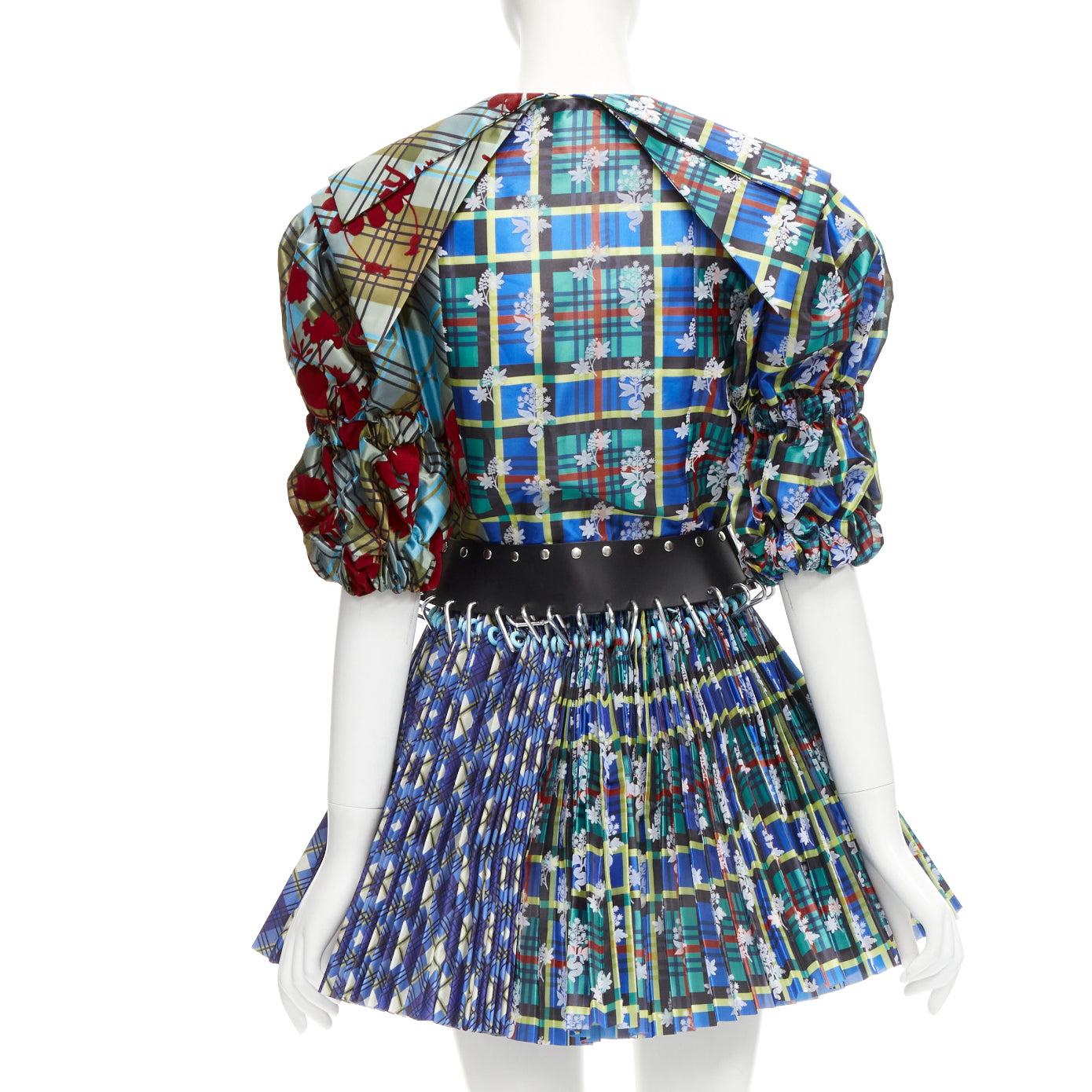 CHOPOVA LOWENA Punk blue plaid floral damask pleated eyelet skirt belted dress S 1