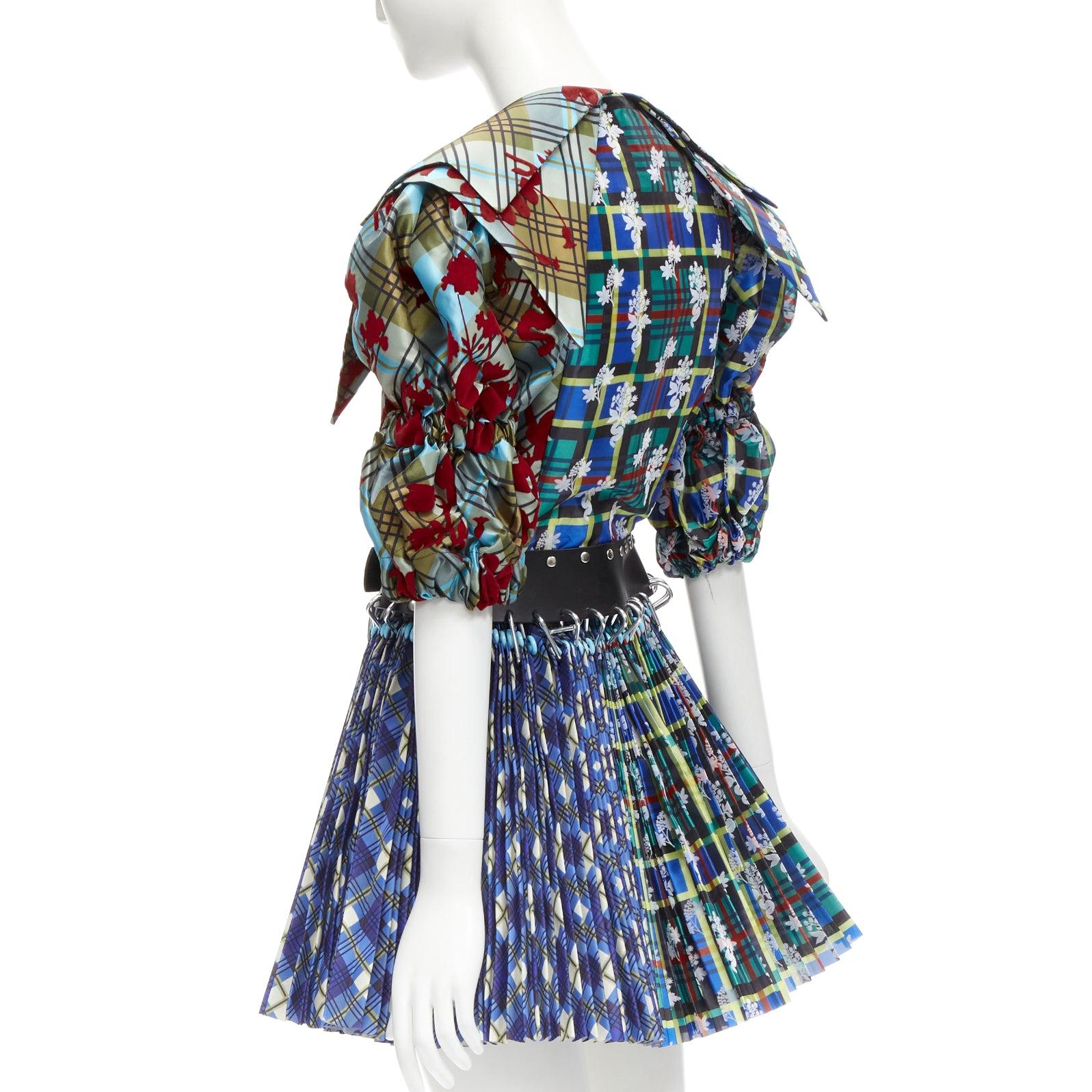 CHOPOVA LOWENA Punk blue plaid floral damask pleated eyelet skirt belted dress S 2