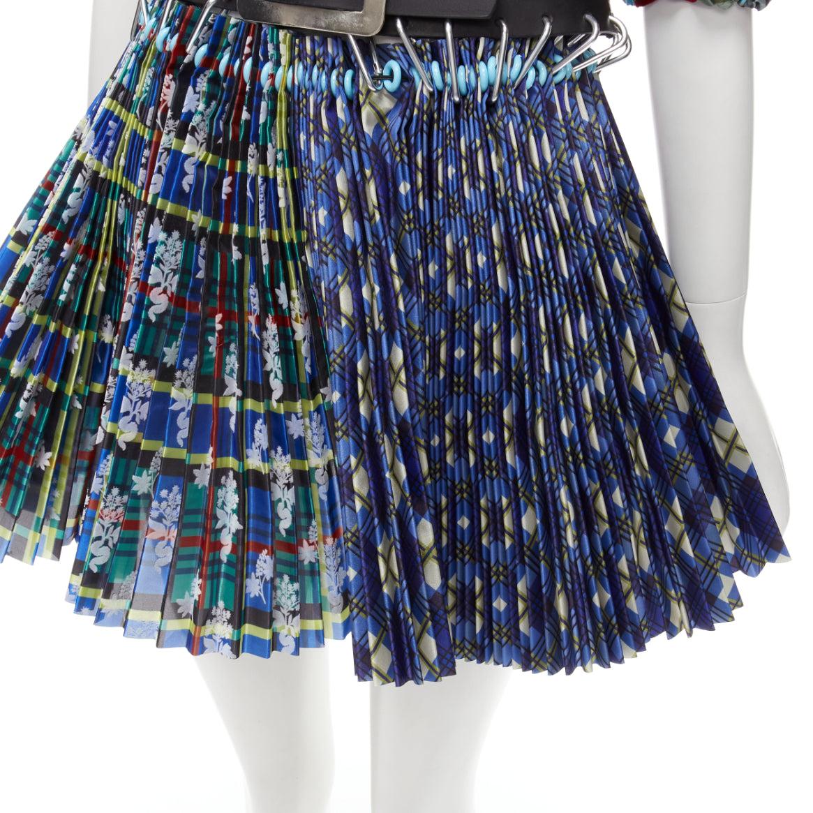 CHOPOVA LOWENA Punk blue plaid floral damask pleated eyelet skirt belted dress S 4