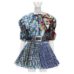 CHOPOVA LOWENA Punk blue plaid floral damask pleated eyelet skirt belted dress S