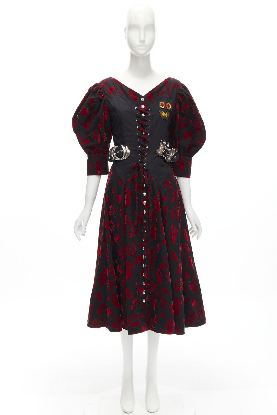 CHOPOVA LOWENA red velvet floral butterfly hook black corset Victorian dress S 6