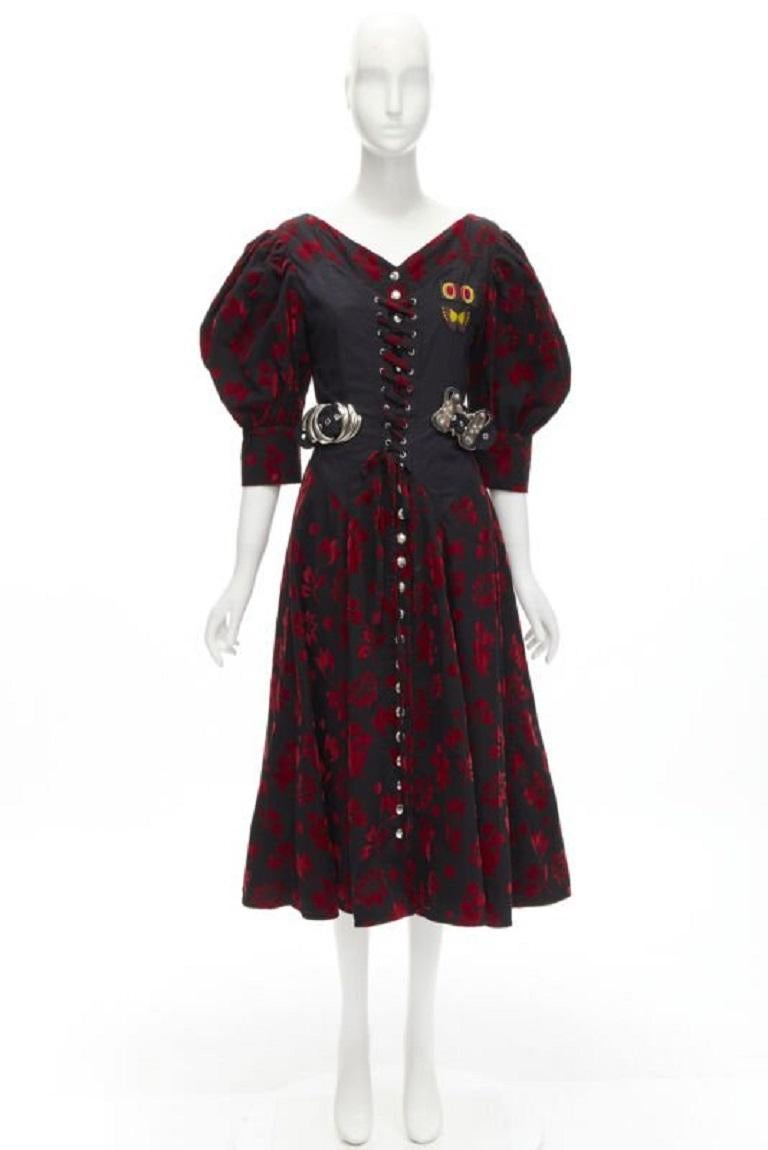 CHOPOVA LOWENA terciopelo rojo floral mariposa gancho corsé negro vestido victoriano S en venta 6