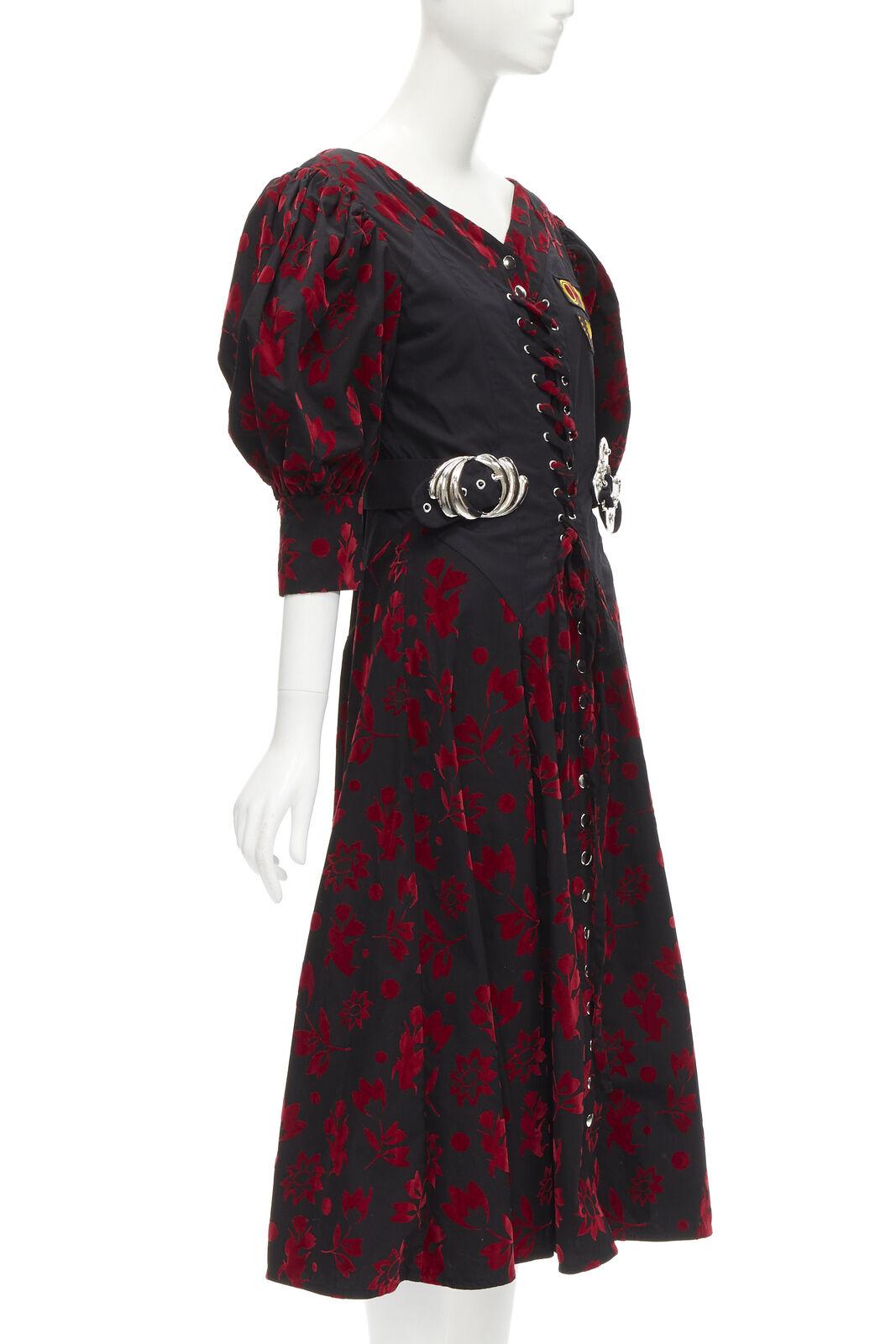 Black CHOPOVA LOWENA red velvet floral butterfly hook black corset Victorian dress S For Sale