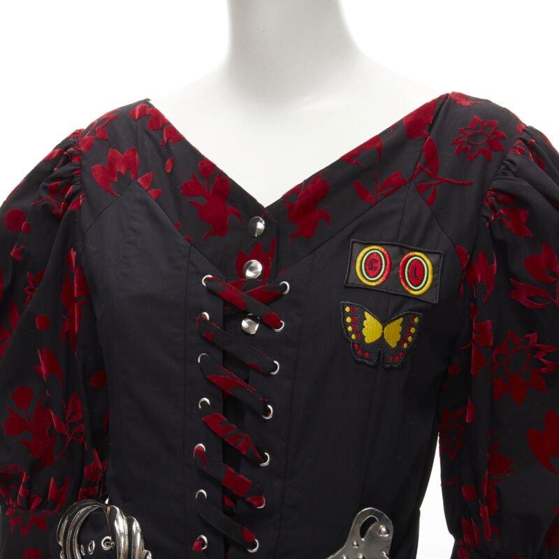 CHOPOVA LOWENA terciopelo rojo floral mariposa gancho corsé negro vestido victoriano S en venta 2