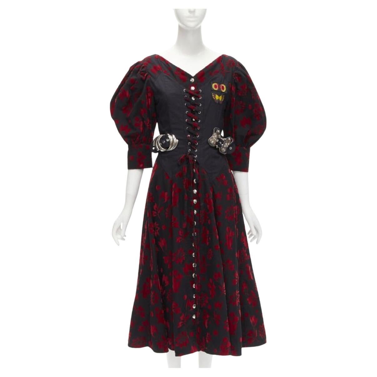 CHOPOVA LOWENA terciopelo rojo floral mariposa gancho corsé negro vestido victoriano S en venta