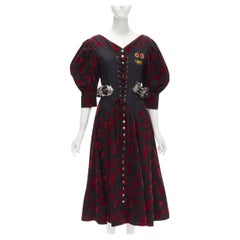 CHOPOVA LOWENA Schwarzes viktorianisches Korsett aus rotem Samt mit Blumen-Schmetterlingshalsausschnitt S