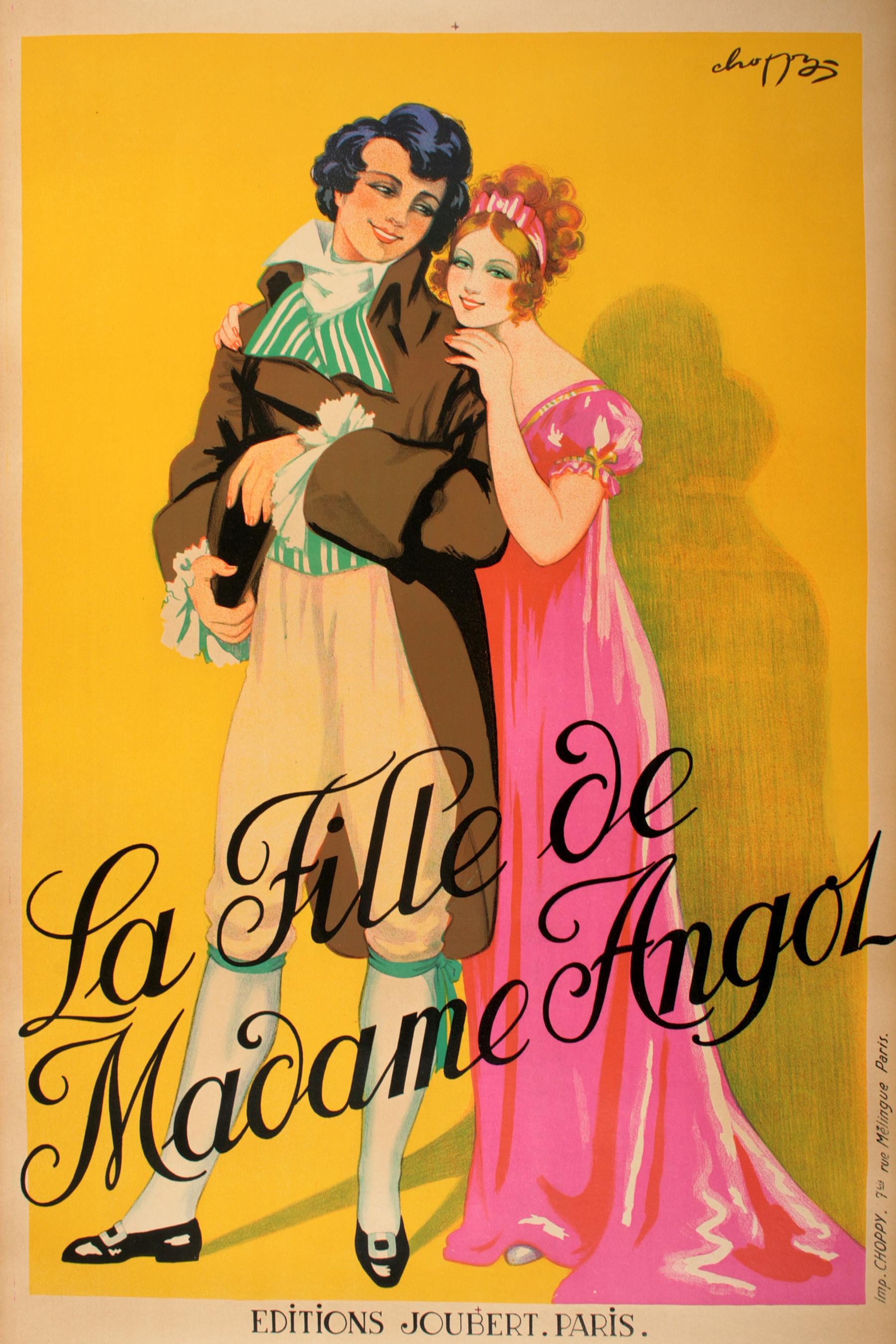 Cette affiche a été créée par le célèbre artiste français Choppy. Il promeut les représentations de l'opérette La Fille de Madame Angol. Les paroles ont été écrites par Clairville, Siraudin et Konig. La musique a été composée par Charles Lecocq.

Il