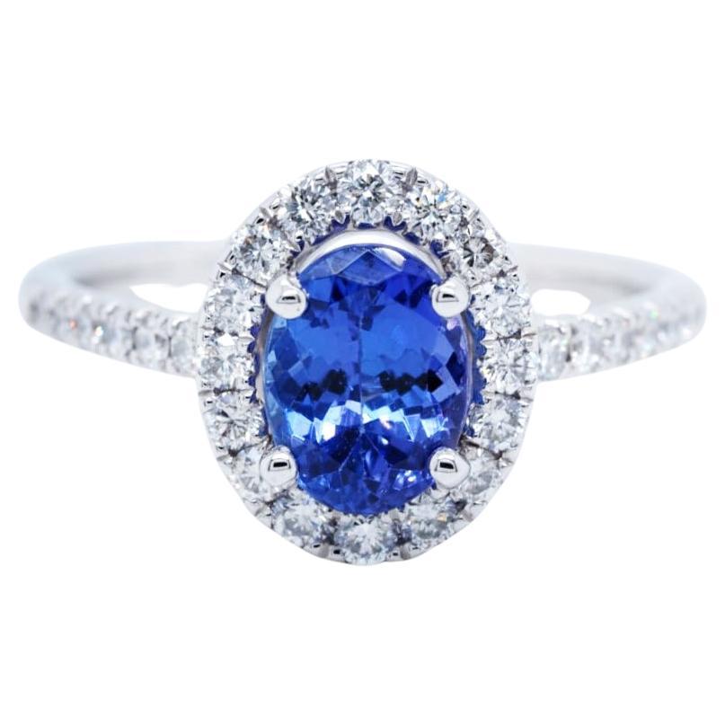 CHOSEN Oval Cut Tanzanite and Diamond Halo Engagement Ring in Platinum 950
