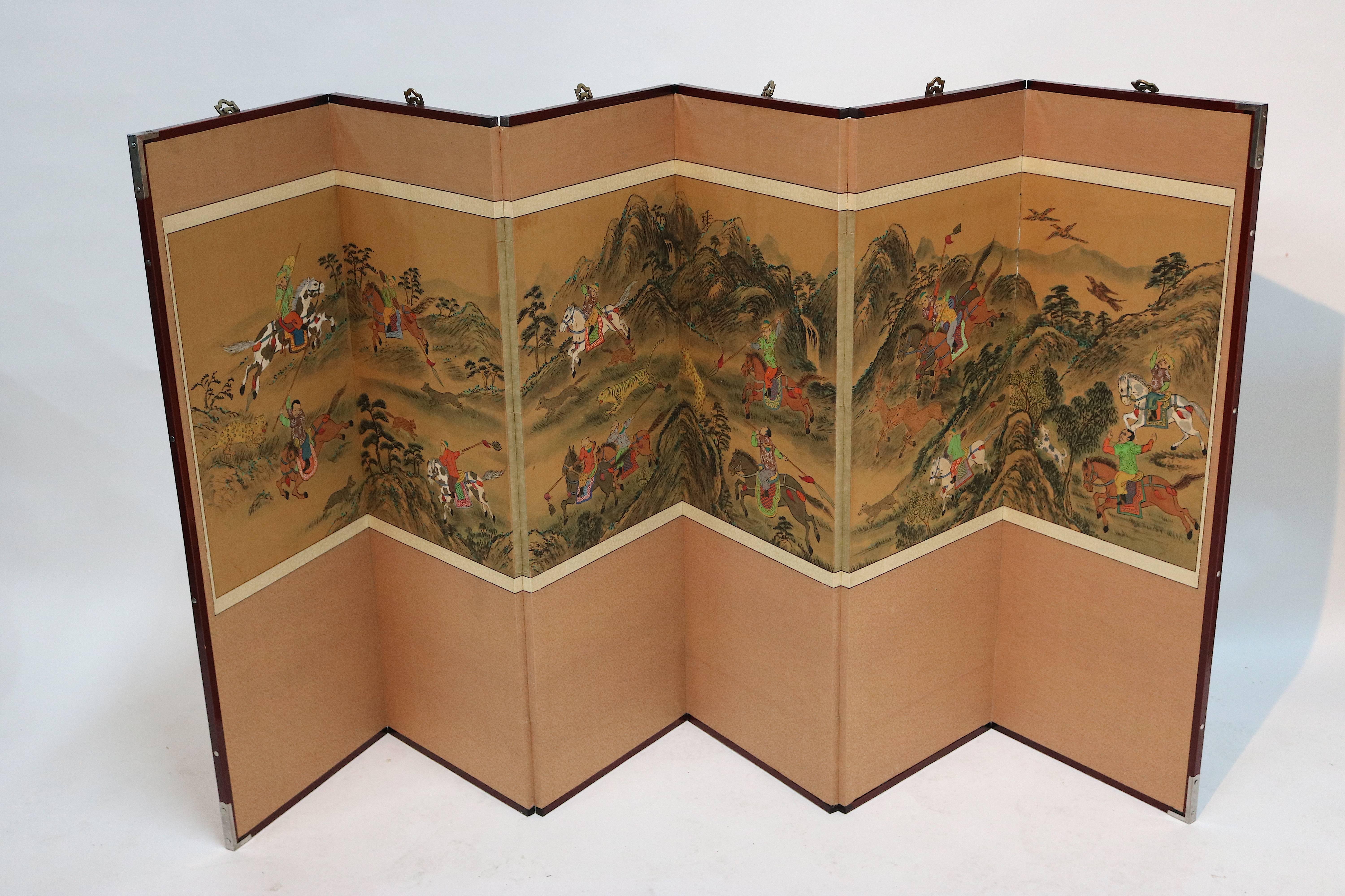 Venerable Six Fold Korean Screen Exciting Mongol Tiger Hunt-early 1900s For Sale 1