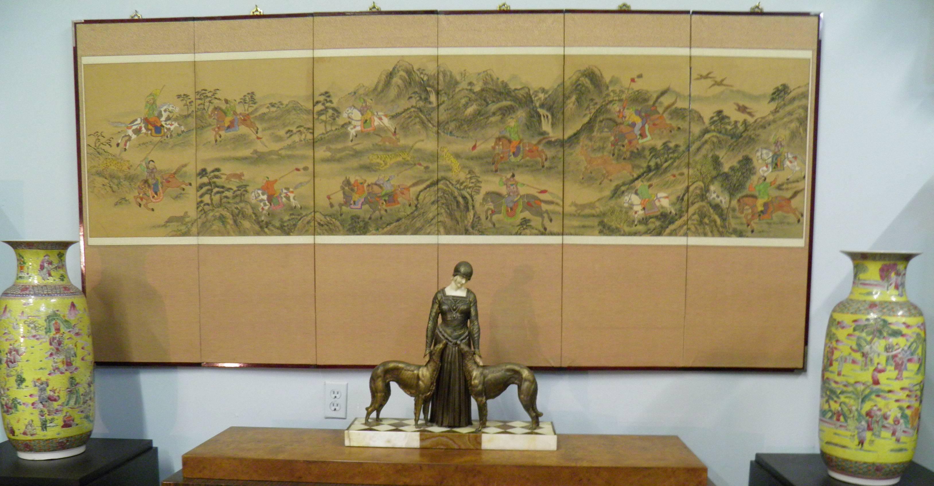 Exquisite Korean early 1900s 6 Fold Screen- Ink and Color on Paper with Venerable exciting Mongol Tiger Hunt Scene.
Dynamic scenery with Mongol Horsemen with a variety of weapons drawn in a hilly landscape hunting tigers, wild boar, deer, birds, and