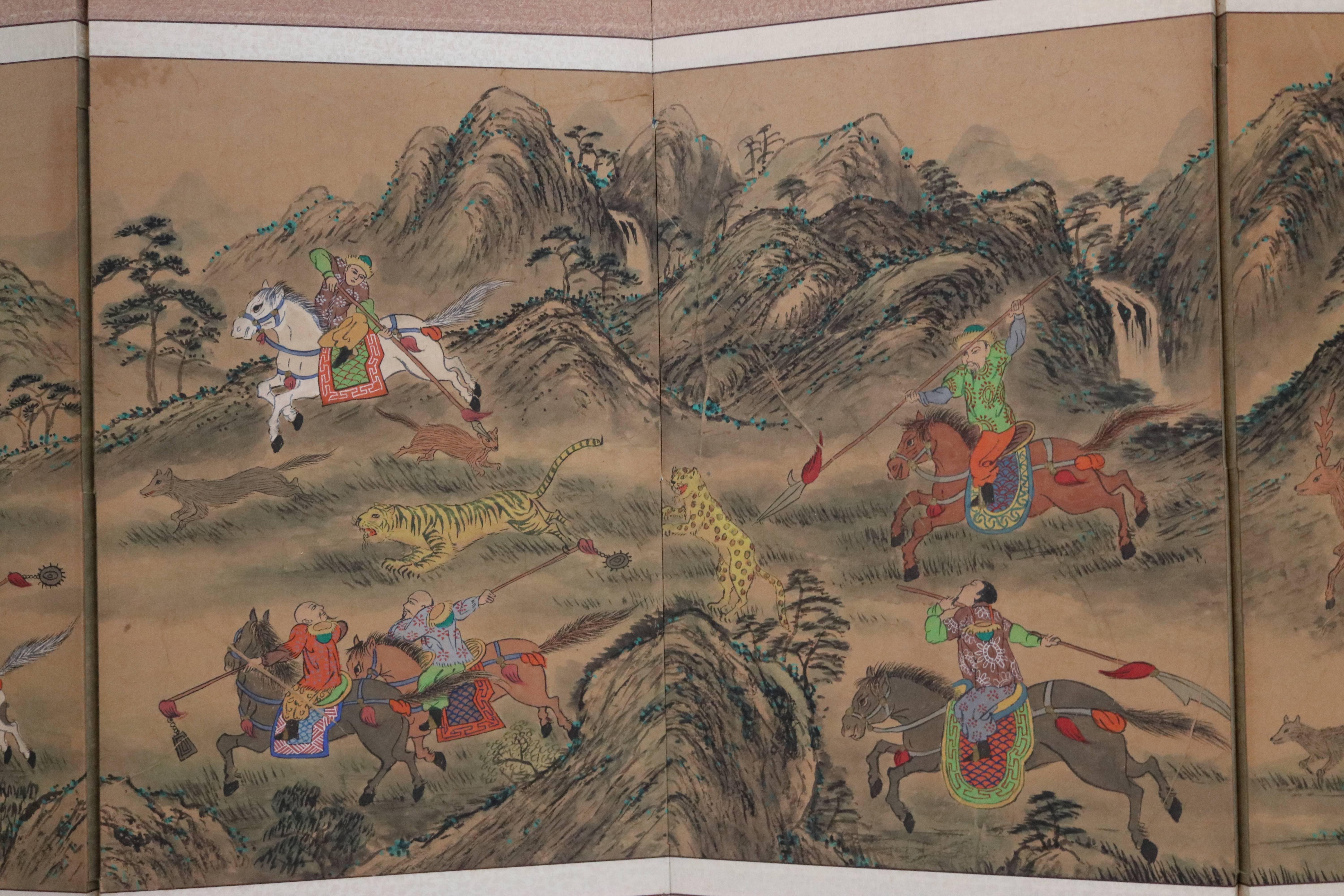 Meiji Venerable Six Fold Korean Screen Exciting Mongol Tiger Hunt-early 1900s For Sale
