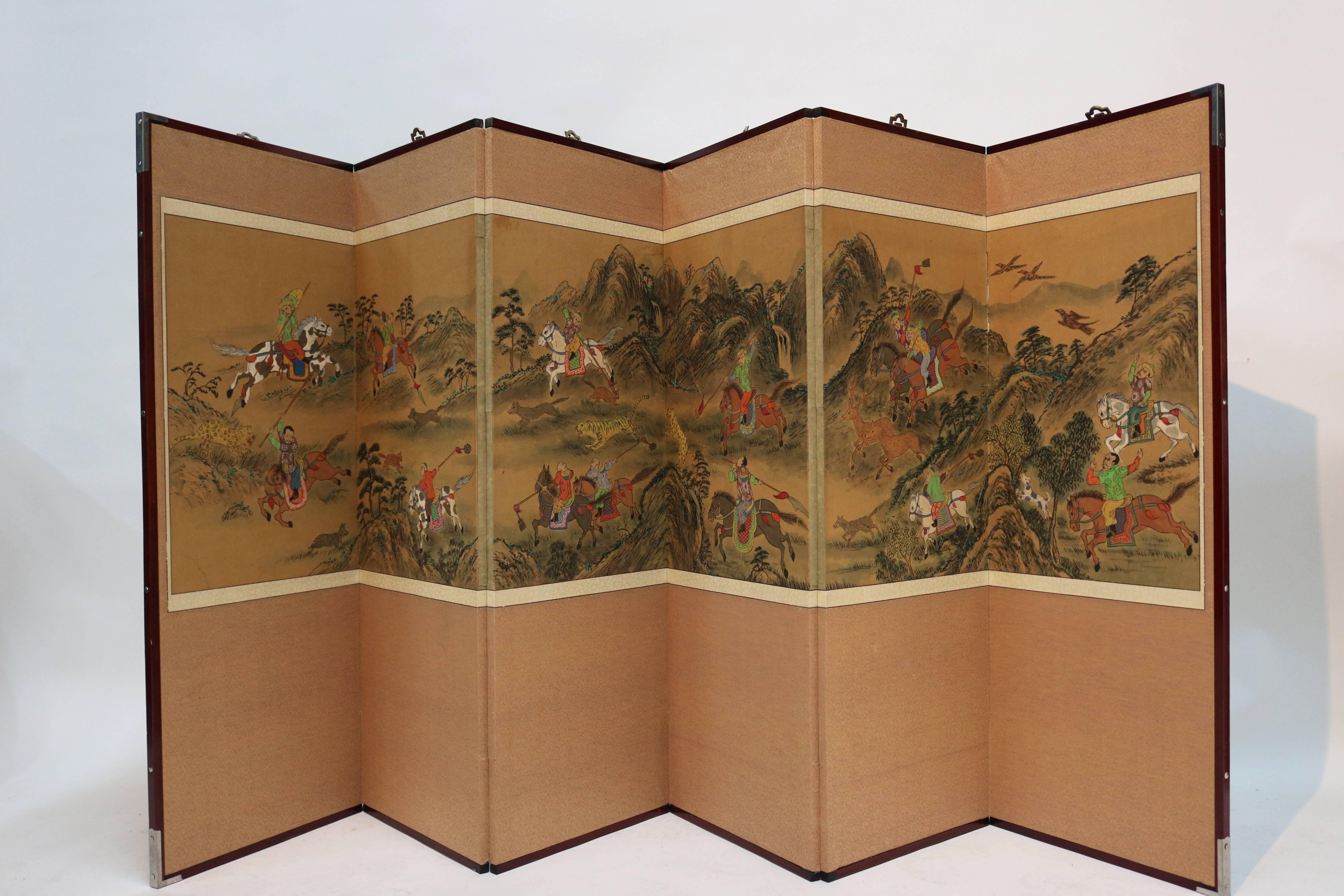20th Century Venerable Six Fold Korean Screen Exciting Mongol Tiger Hunt-early 1900s For Sale
