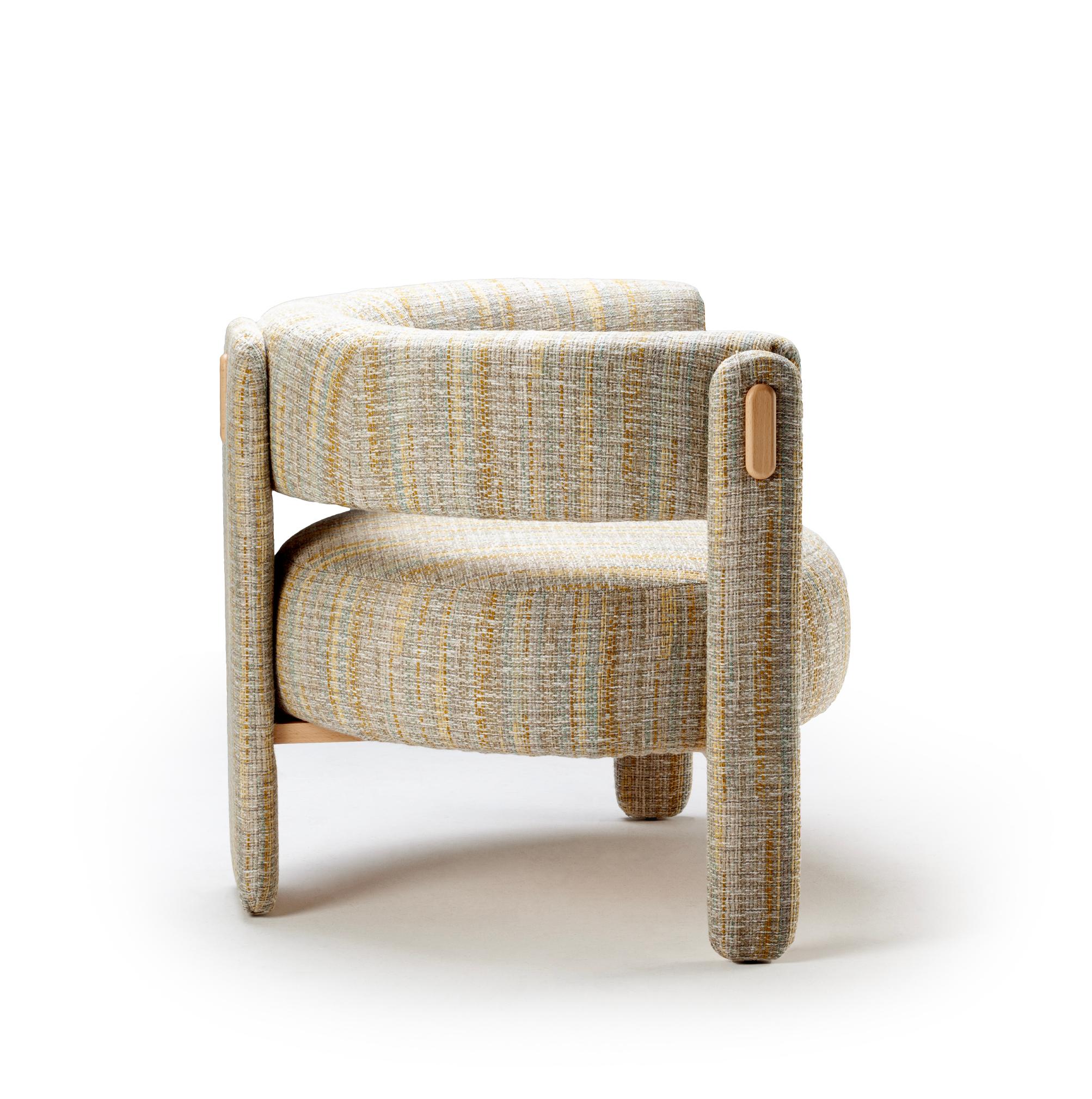 Mid-Century Modern Choux Armchair with Bayes Sunshine Fabric and Natural Wood applications For Sale