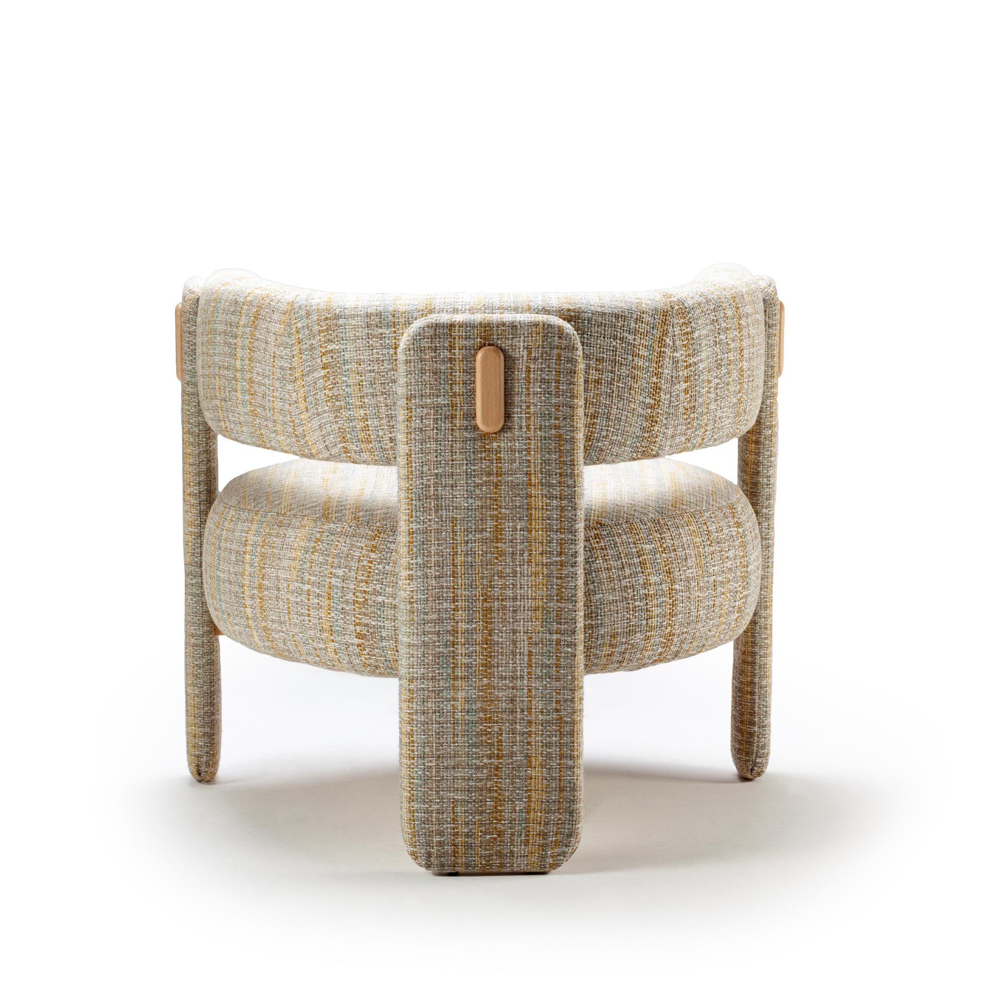 Portuguese Choux Armchair with Bayes Sunshine Fabric and Natural Wood applications For Sale