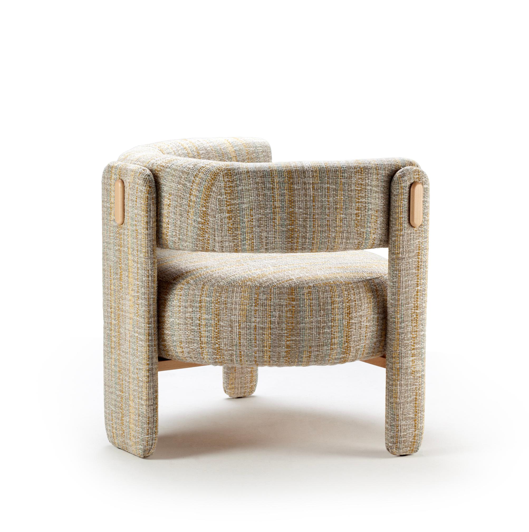 Polished Choux Armchair with Bayes Sunshine Fabric and Natural Wood applications For Sale