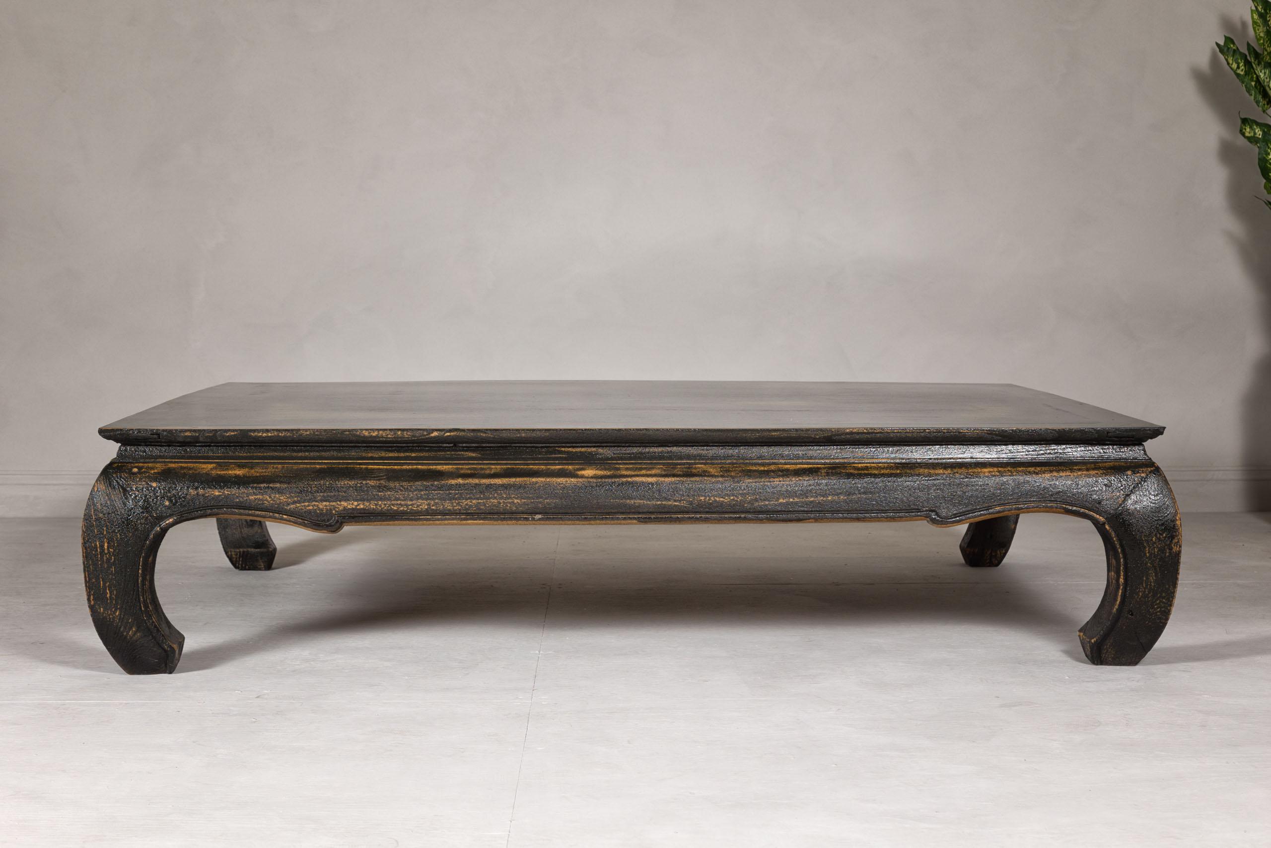 Chow Leg Low Kang Coffee Table with Distressed Black Finish, Midcentury For Sale 3
