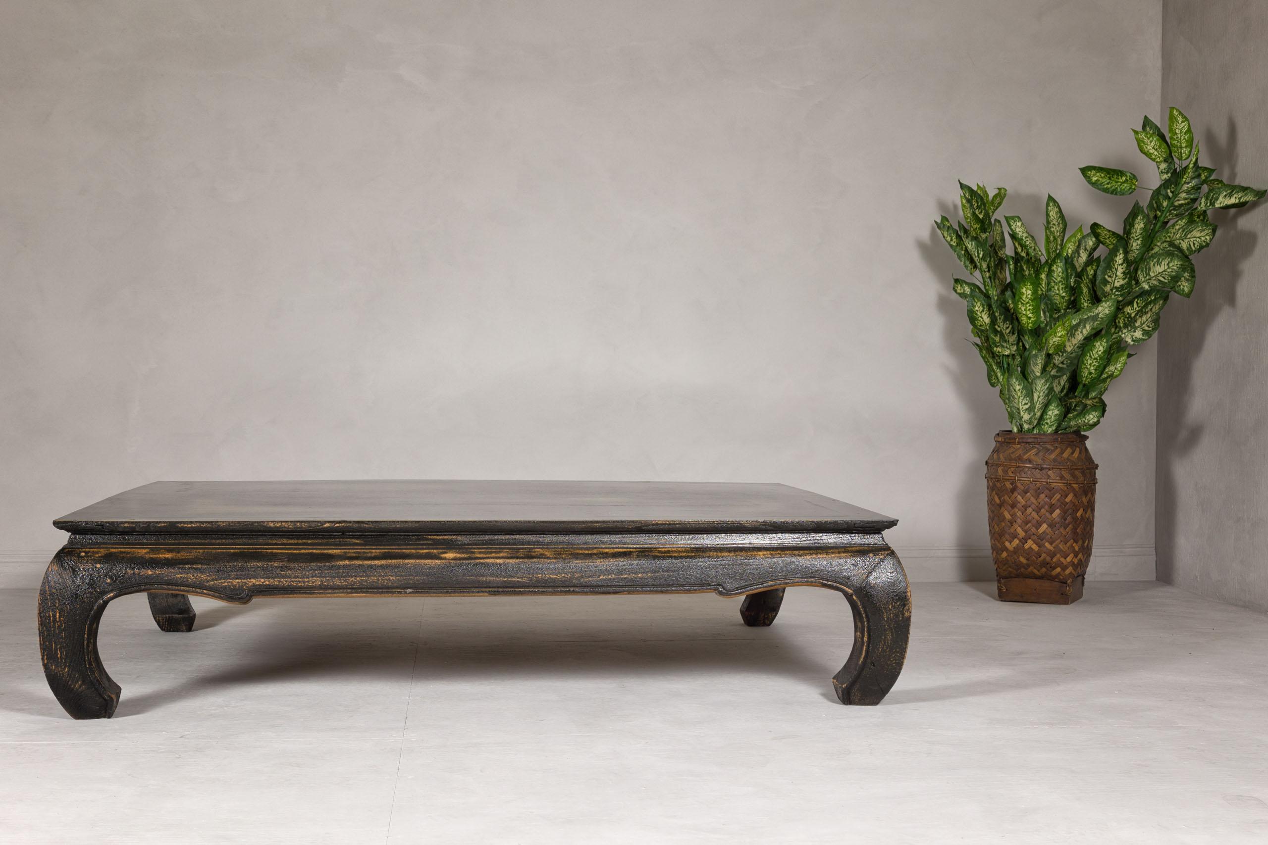 Chow Leg Low Kang Coffee Table with Distressed Black Finish, Midcentury For Sale 4