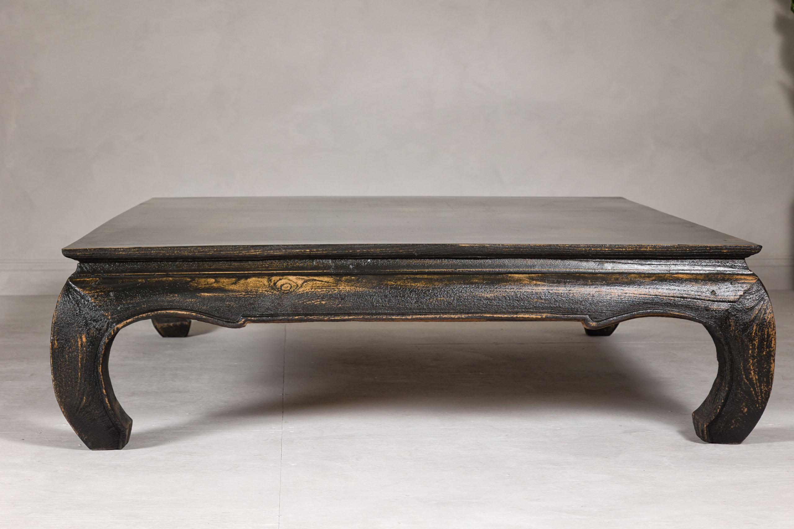 Chow Leg Low Kang Coffee Table with Distressed Black Finish, Midcentury For Sale 6
