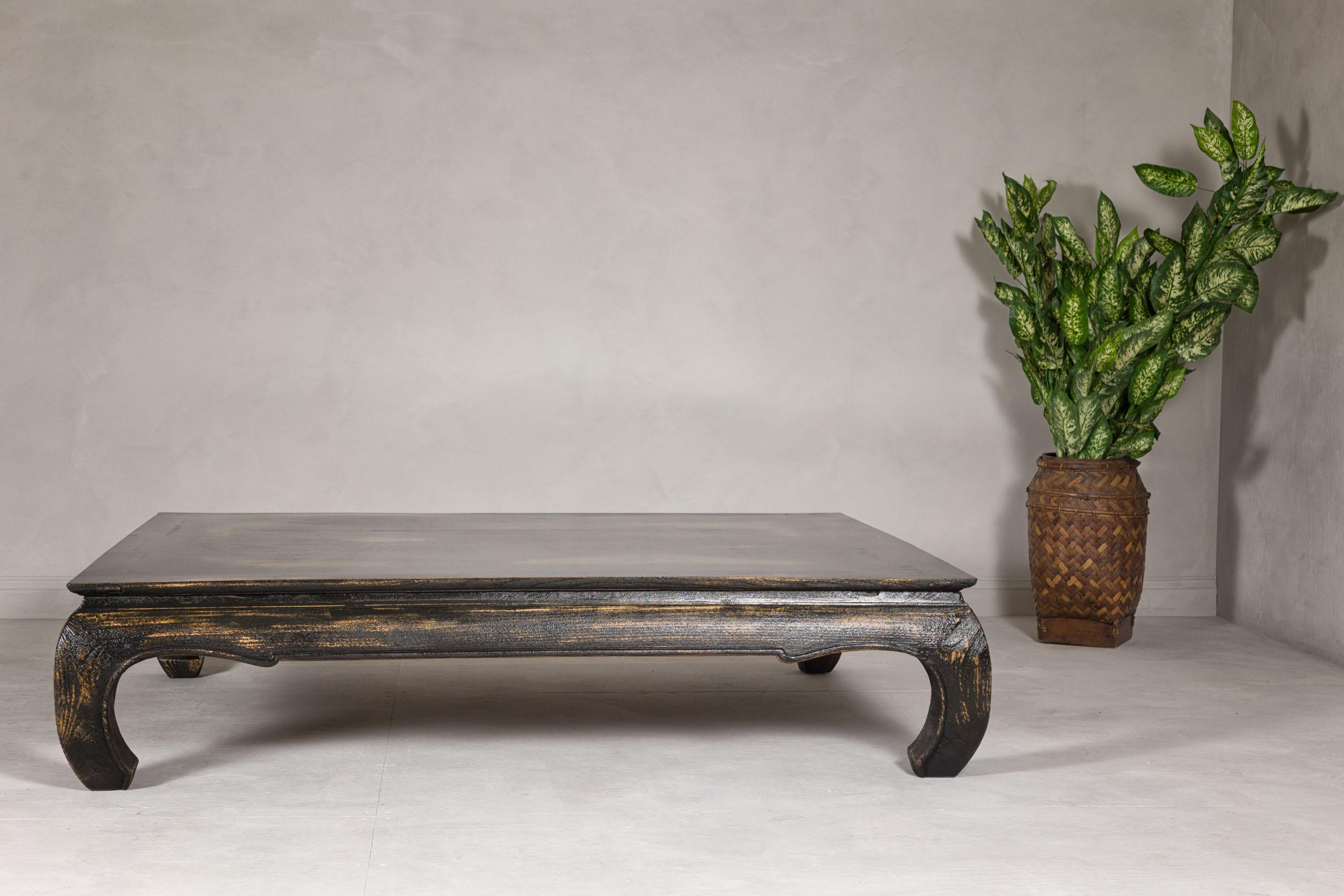 Chow Leg Low Kang Coffee Table with Distressed Black Finish, Midcentury For Sale 8