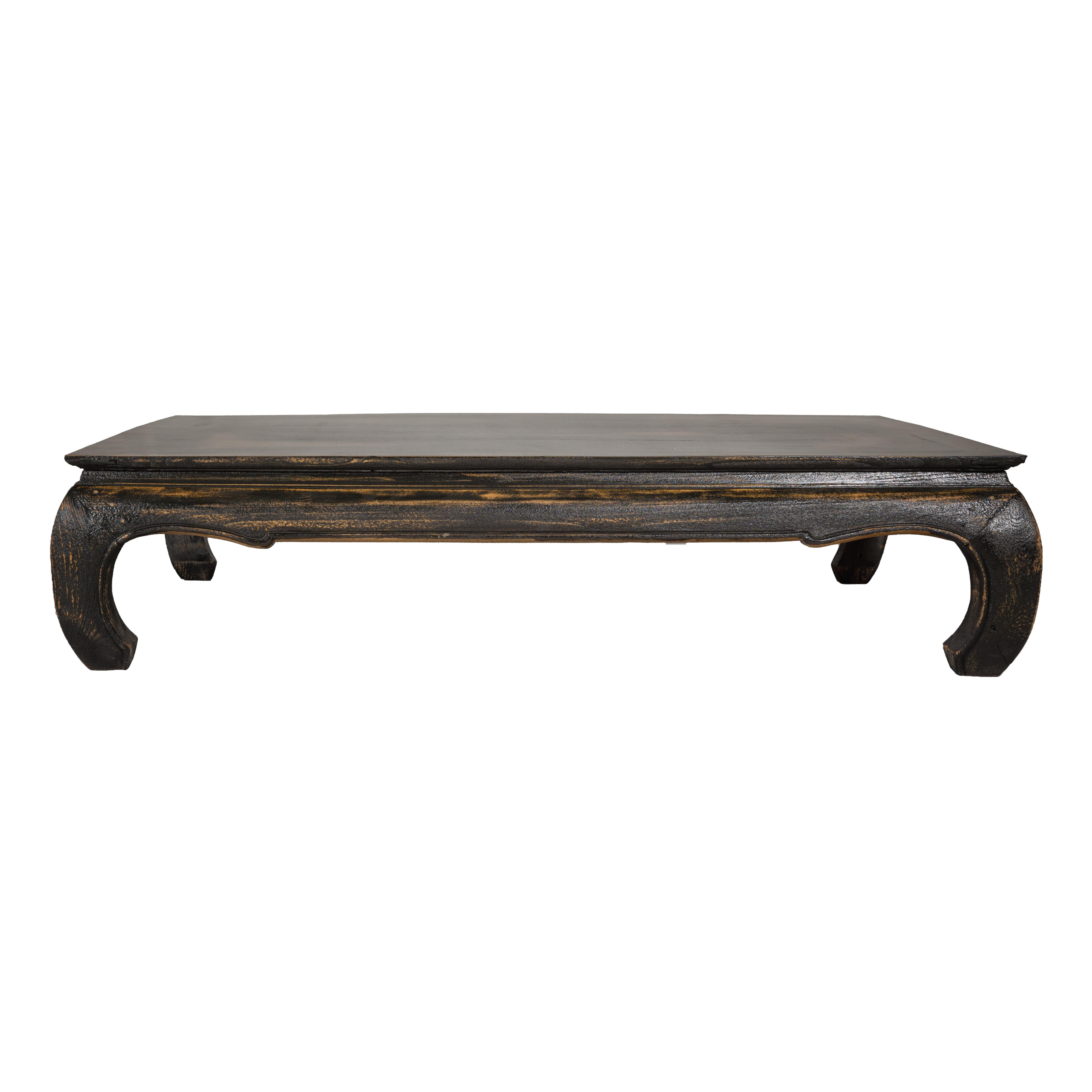 Chow Leg Low Kang Coffee Table with Distressed Black Finish, Midcentury For Sale 9