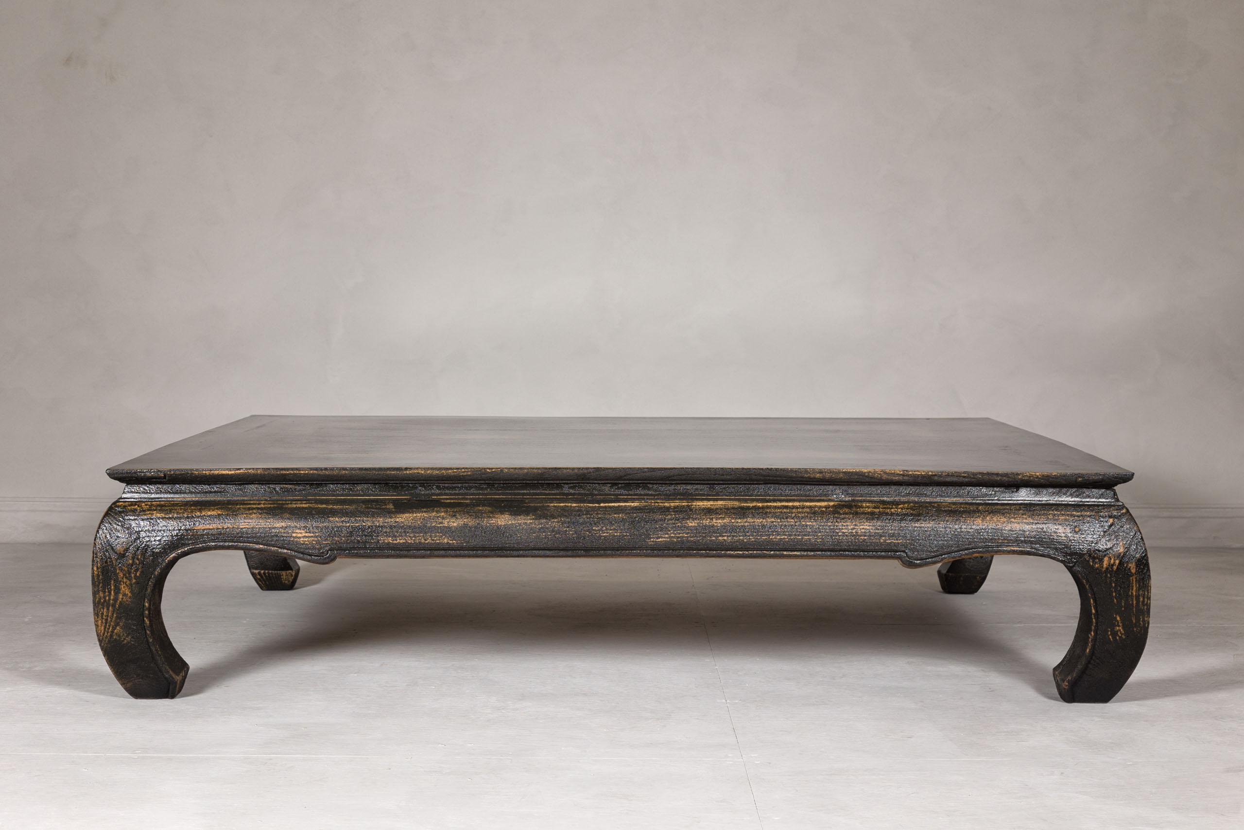 Ming Chow Leg Low Kang Coffee Table with Distressed Black Finish, Midcentury For Sale