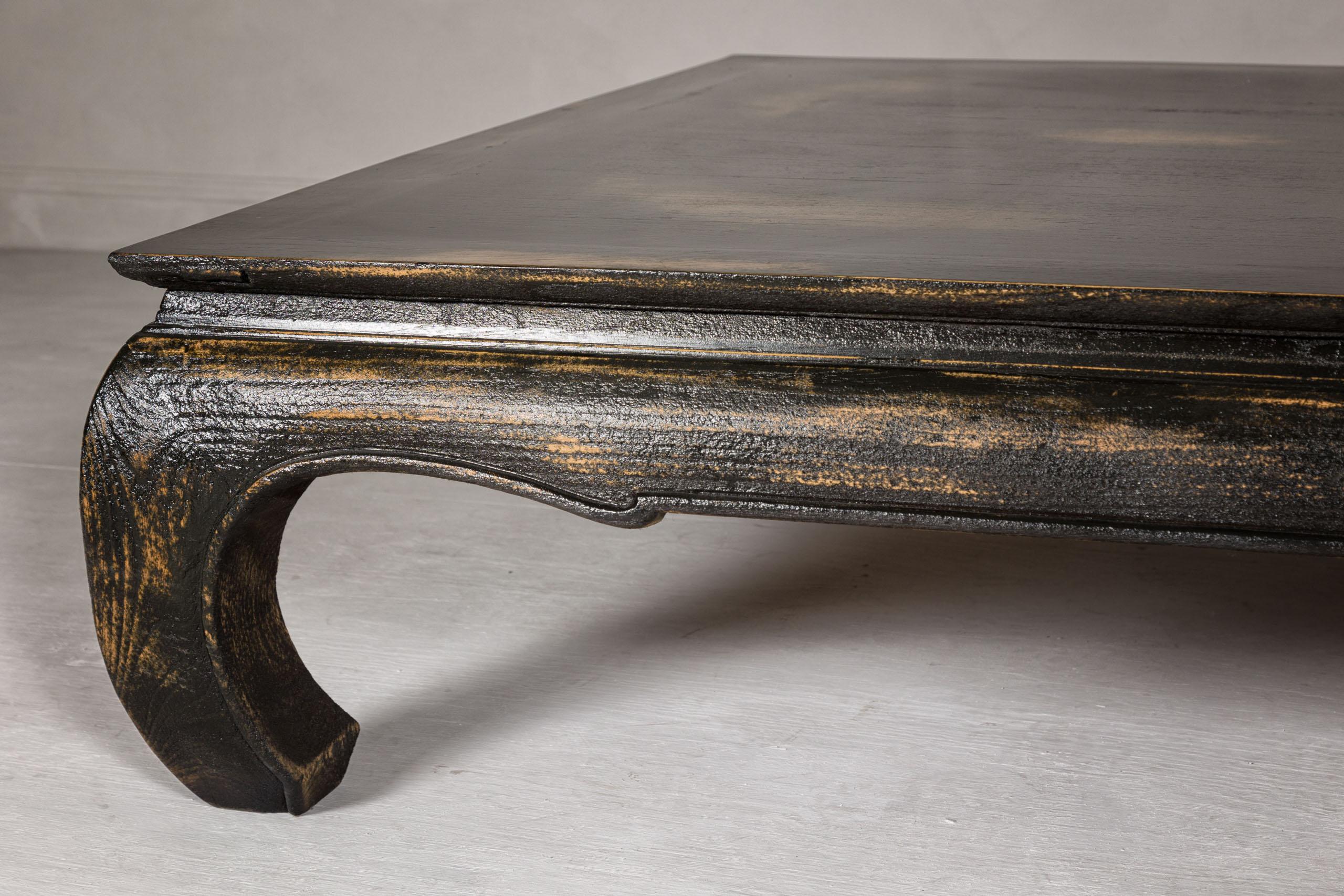 Lacquered Chow Leg Low Kang Coffee Table with Distressed Black Finish, Midcentury For Sale