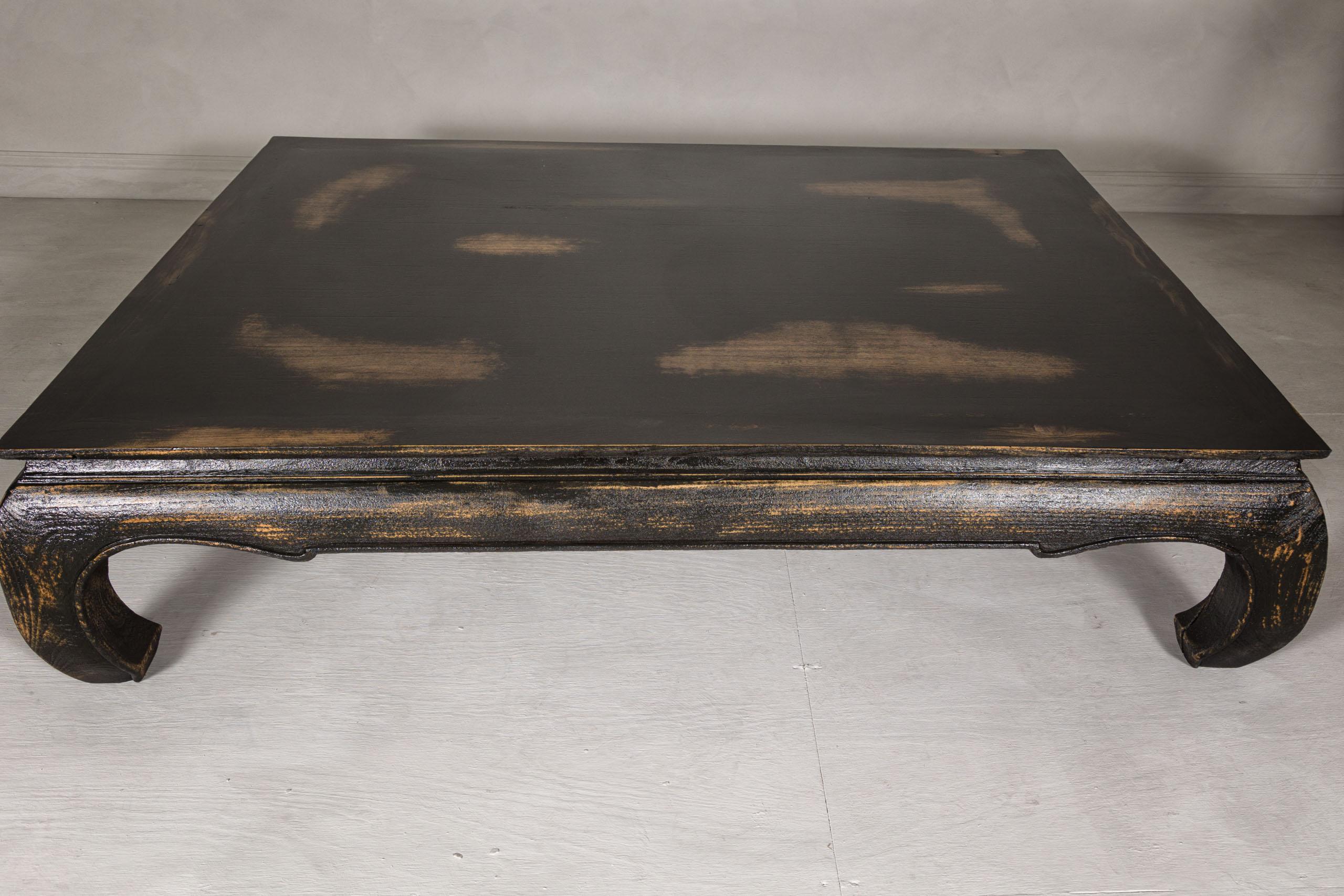 20th Century Chow Leg Low Kang Coffee Table with Distressed Black Finish, Midcentury For Sale