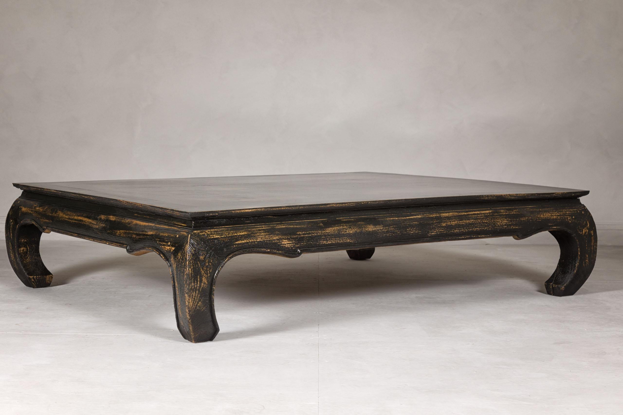 Wood Chow Leg Low Kang Coffee Table with Distressed Black Finish, Midcentury For Sale