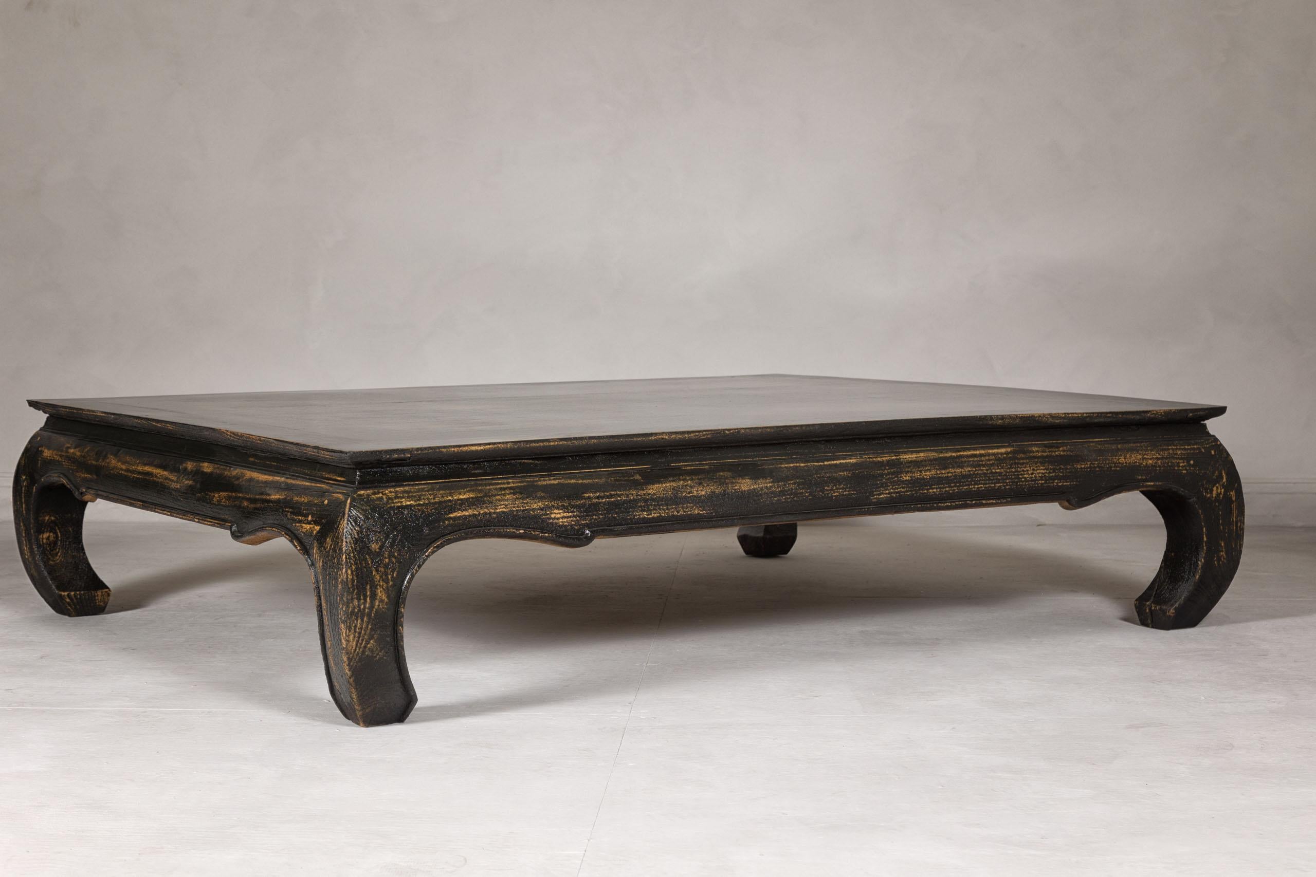 Chow Leg Low Kang Coffee Table with Distressed Black Finish, Midcentury For Sale 1