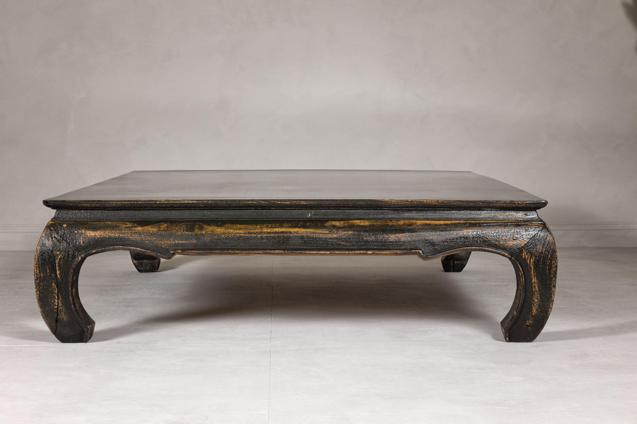 Chow Leg Low Kang Coffee Table with Distressed Black Finish, Midcentury For Sale 2