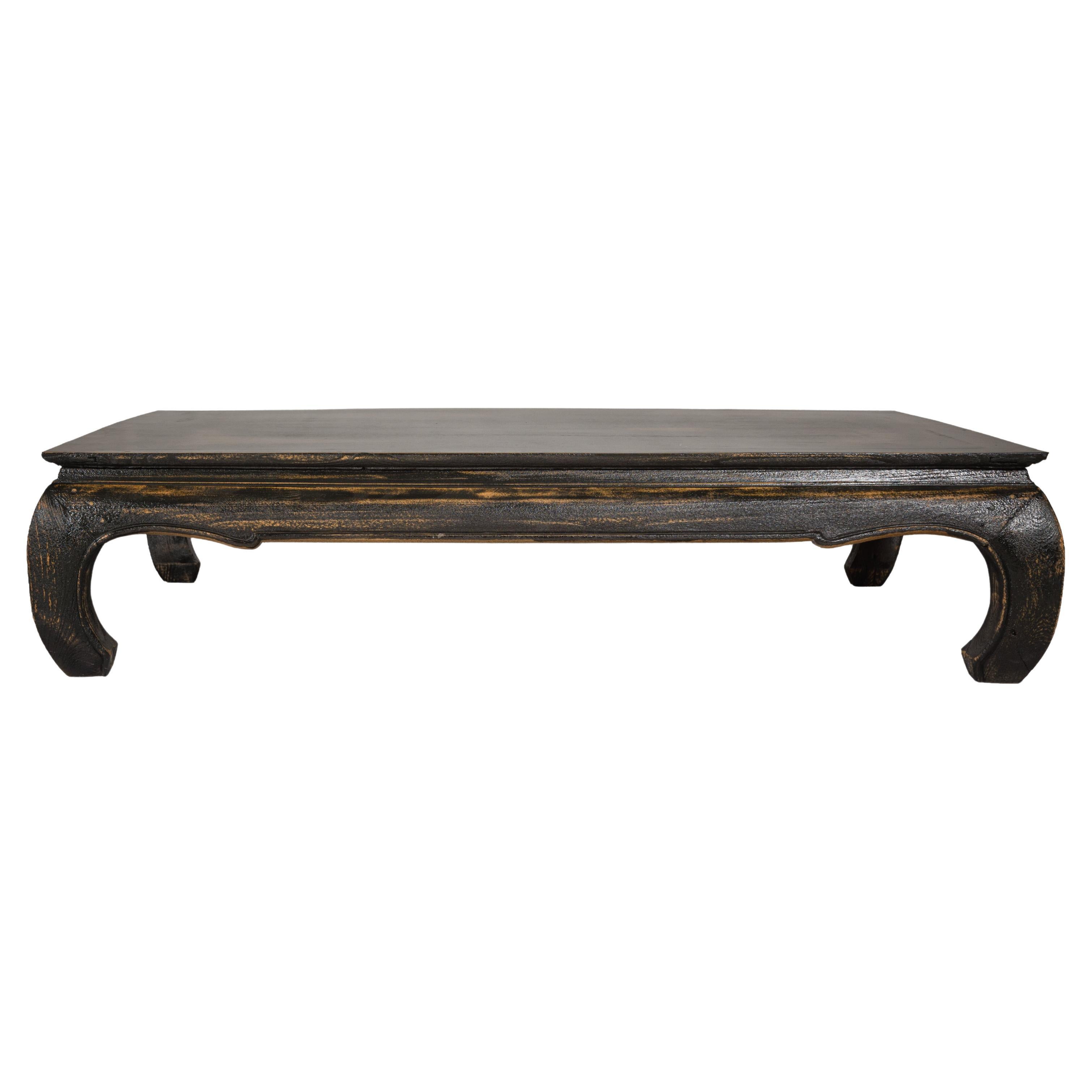 Chow Leg Low Kang Coffee Table with Distressed Black Finish, Midcentury For Sale