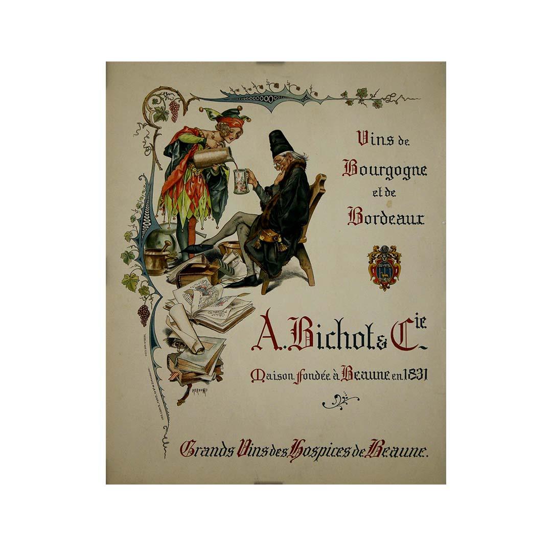 Um 1900 entwarf der bekannte französische Illustrator Chéri Hérouard ein wunderschönes Plakat, das für A. Bichot & Cie, ein angesehenes Weinhaus in Beaune, Burgund, warb. Das Plakat mit dem Titel Vins de Bourgogne et de Bordeaux verkörpert den