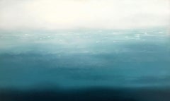"Om 520, Atmospheric Small Painting of Water, Ocean/Sky in Blue, White and Aqua"
