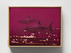"Team Ambitions", Surreal Magenta City Skyline with Swimming Sharks