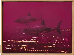 "Team Ambitions", Surreal Magenta City Skyline with Swimming Sharks