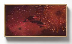 "Junge Liebe", surreale Nachtszene mit Orcas und Feuerwerk