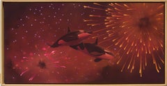 "Junge Liebe", surreale Nachtszene mit Orcas und Feuerwerk