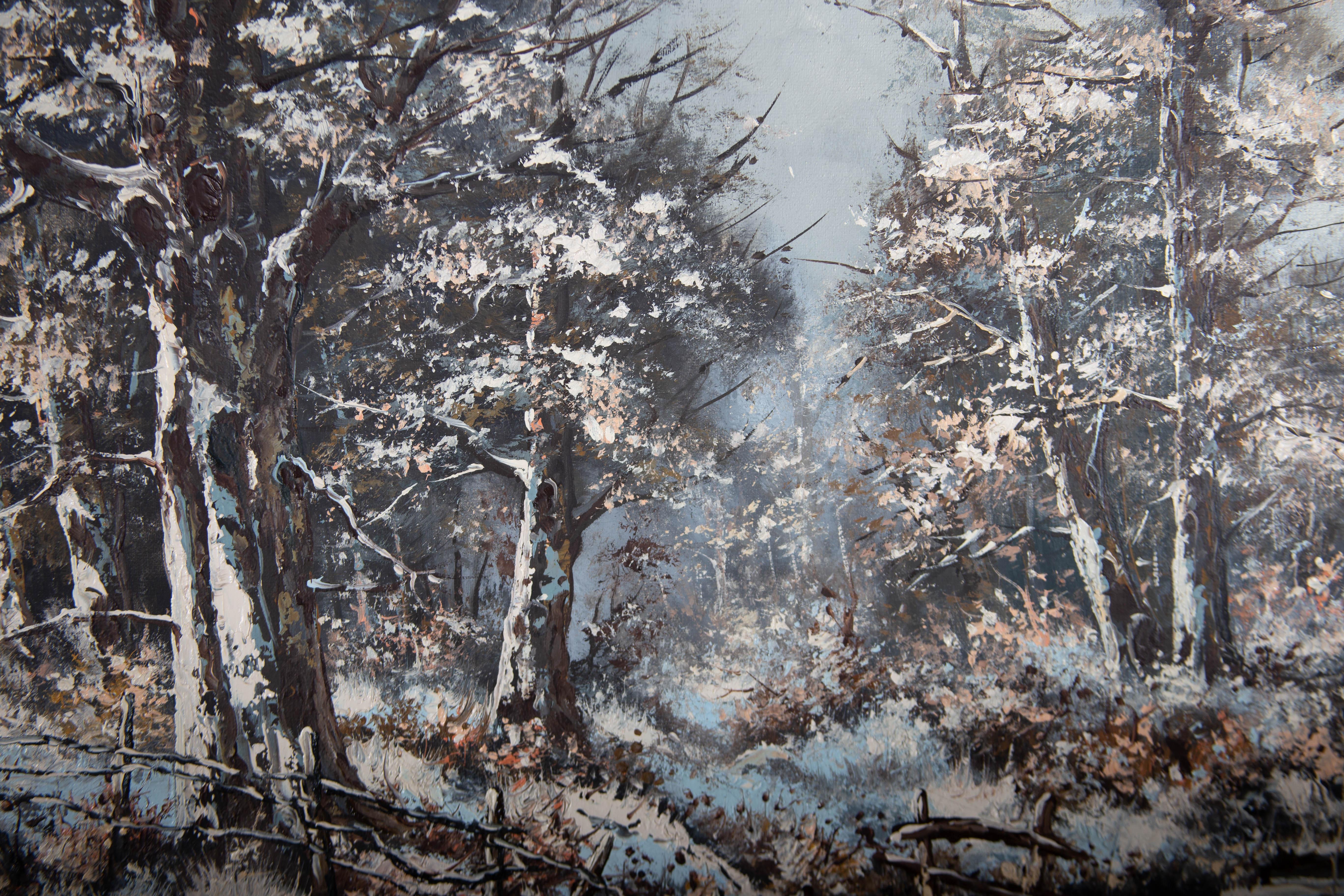 A snowy landscape of trees by a river. Presented in an ornate pierced gilt-effect frame. Signed to the lower-right edge. On canvas on stretchers.
