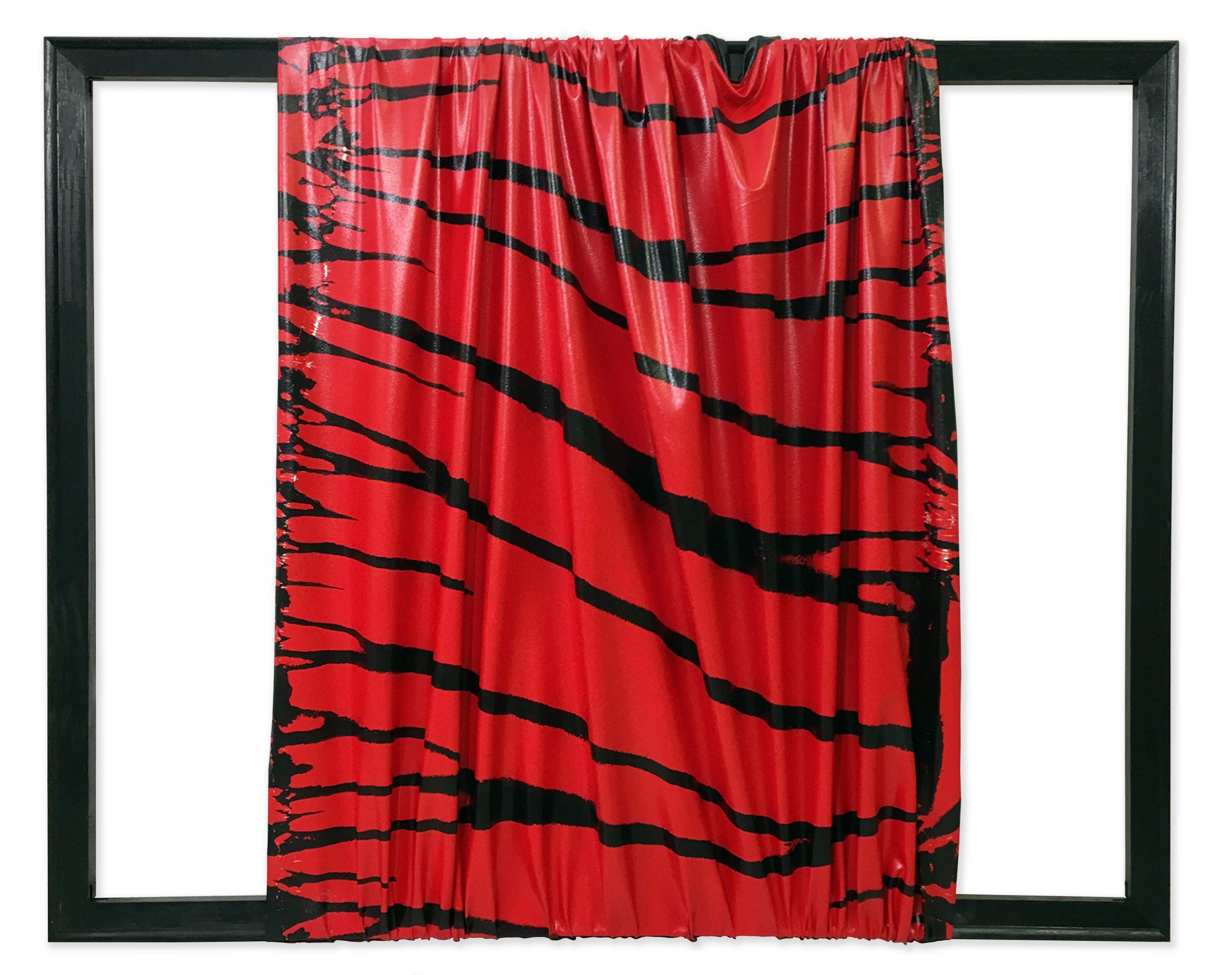 Red and black experimental abstract sculptural painting. The work was intentionally removed from the stretchers to make a wave effect to the surface. The piece is signed, titled, and dated by artist Chris Bexar who is a Houston, Texas artist. The
