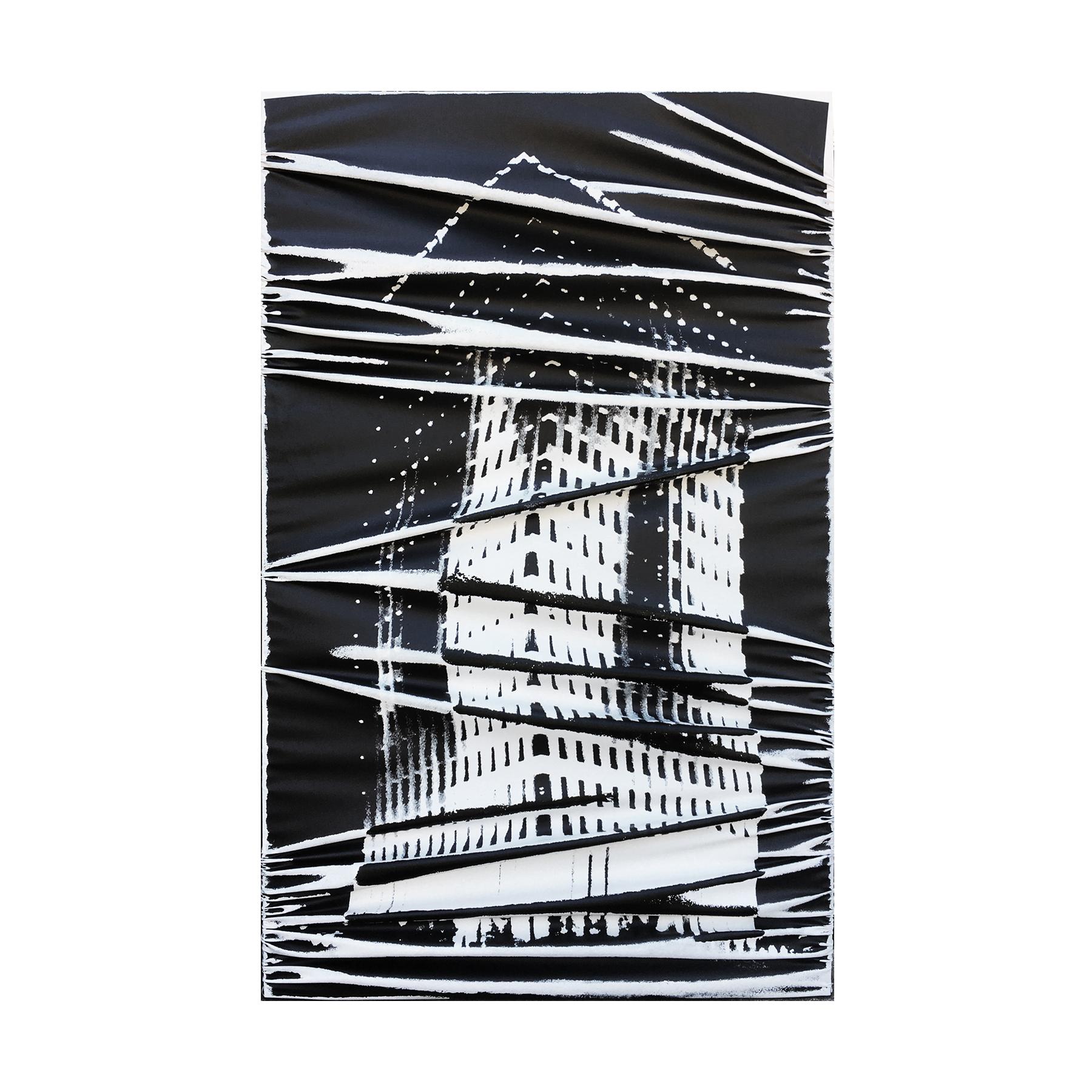 Black and white experimental abstract sculptural painting by Houston, TX artist Chris Bexar. The work depicts an architectural building painted with UV ink and acrylic on canvas. The piece is signed, titled, and dated by the artist.
